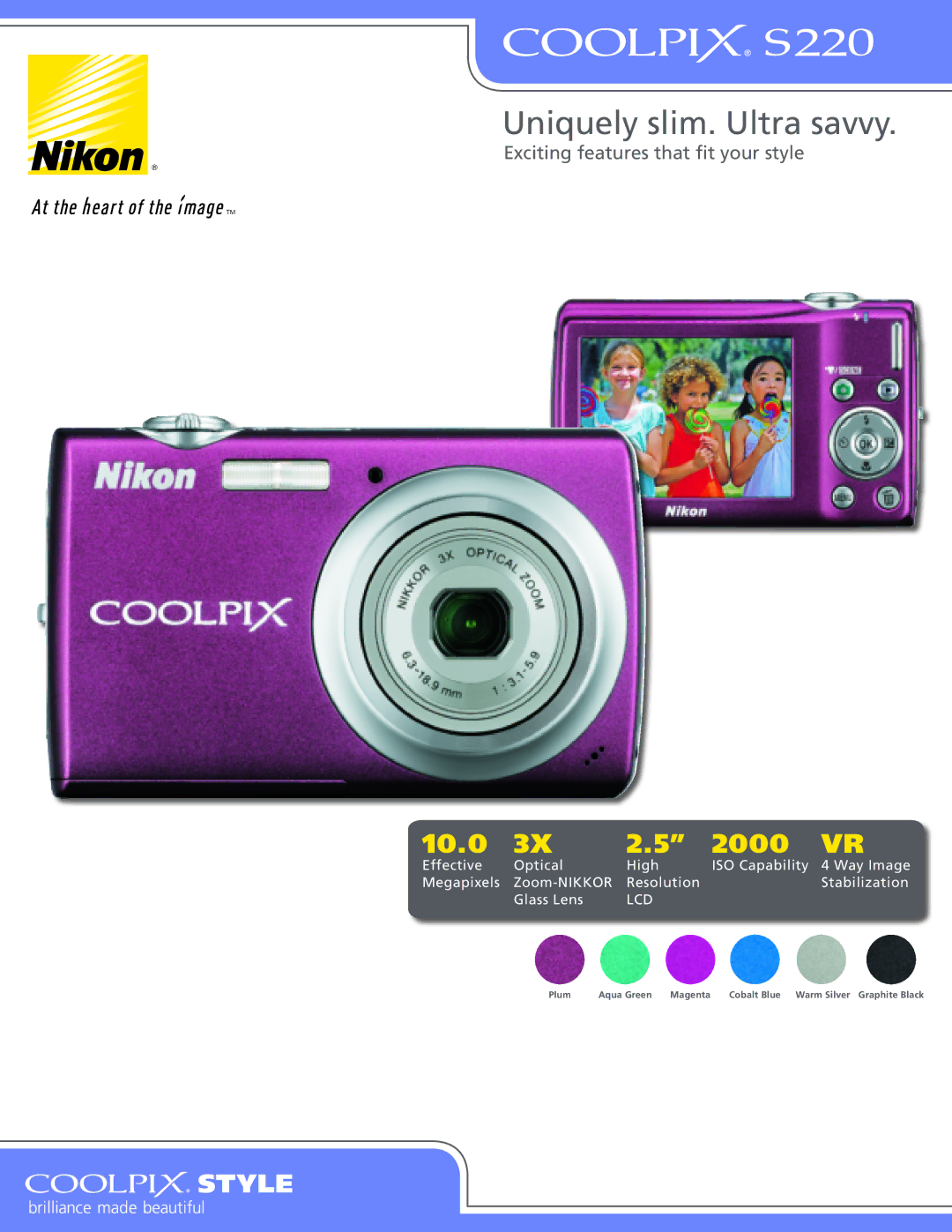 Nikon S220 manual Uniquely slim. Ultra savvy, 10.0 2000 