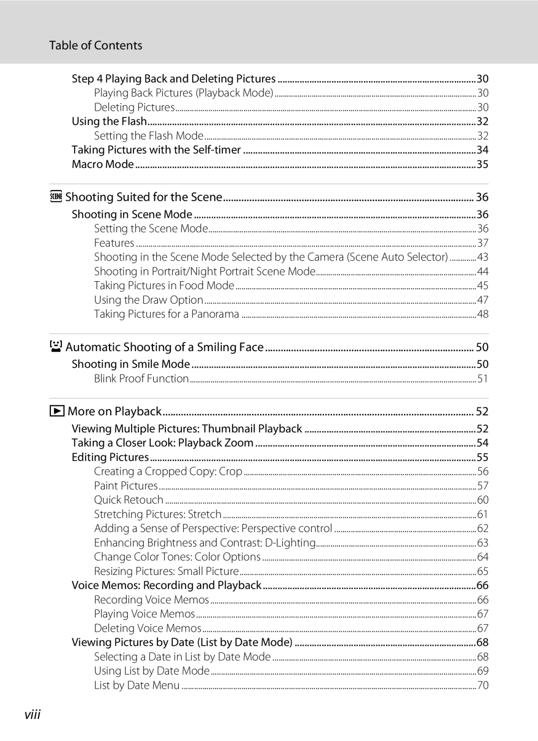 Nikon S230 user manual Viii, Table of Contents 