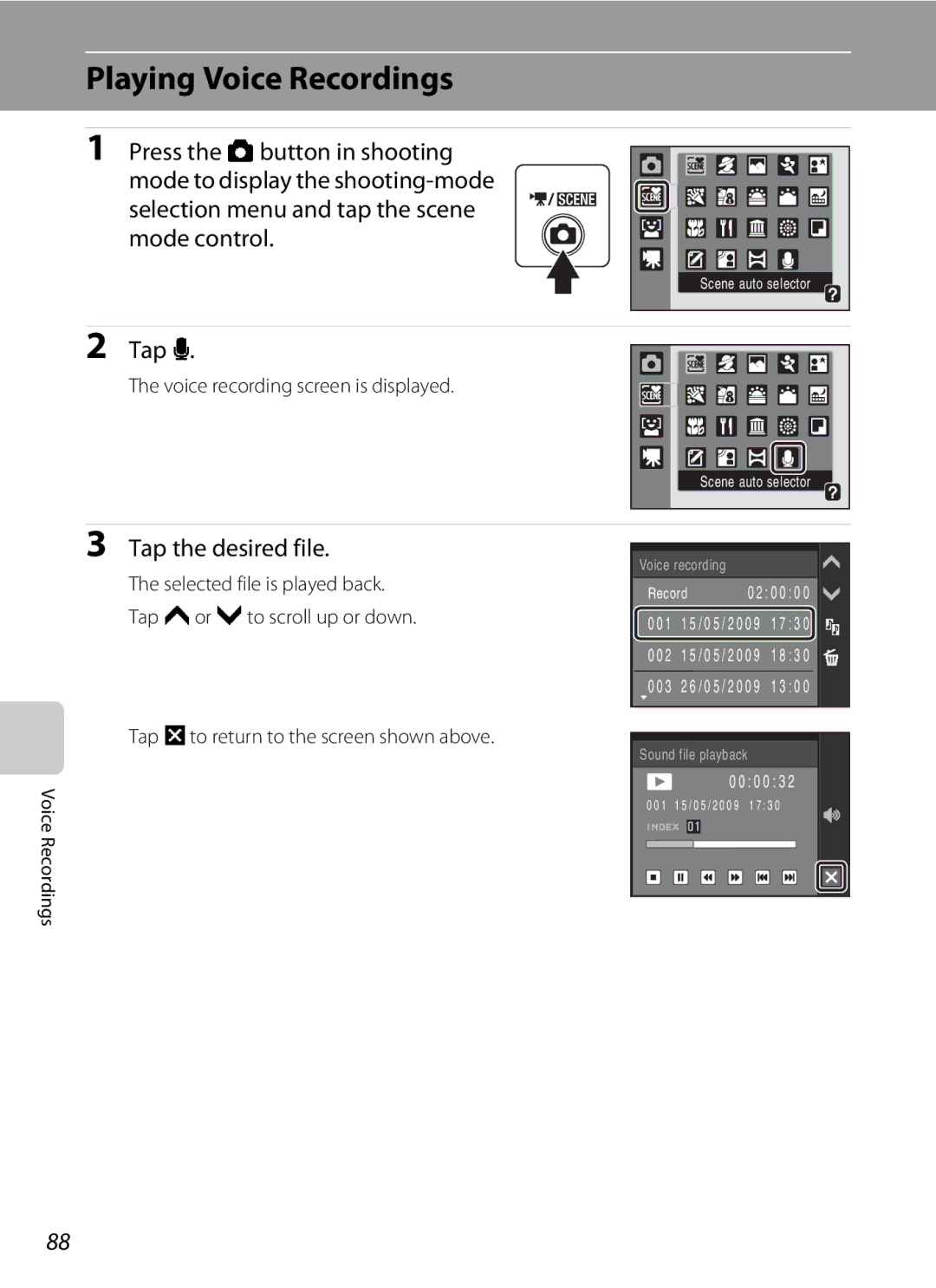 Nikon S230 user manual Playing Voice Recordings, Tap the desired file, Voice recording screen is displayed 