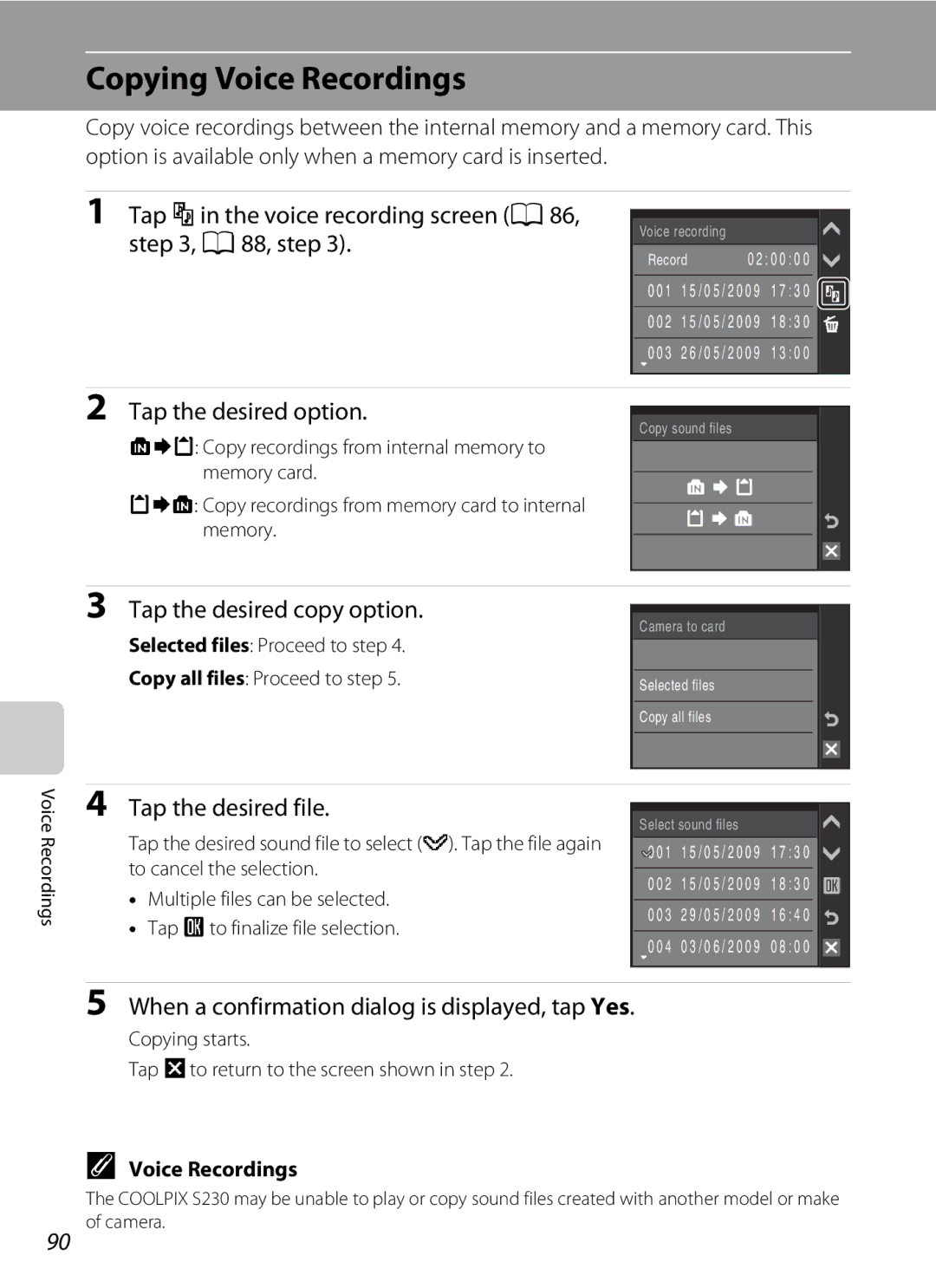 Nikon S230 Copying Voice Recordings, Tap F in the voice recording screen A86, , A88, step, Tap the desired option 