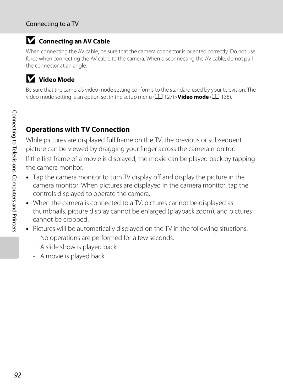 Nikon S230 user manual Operations with TV Connection, Connecting to a TV, Connecting an AV Cable, Video Mode 