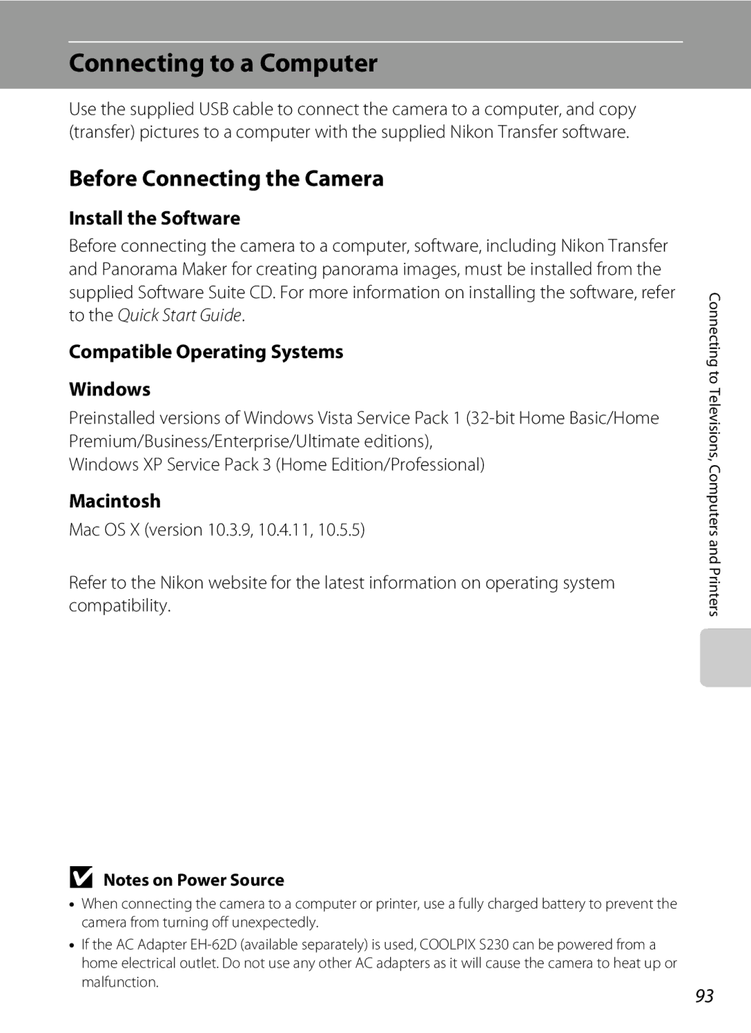 Nikon S230 user manual Connecting to a Computer, Before Connecting the Camera, Install the Software, Macintosh 