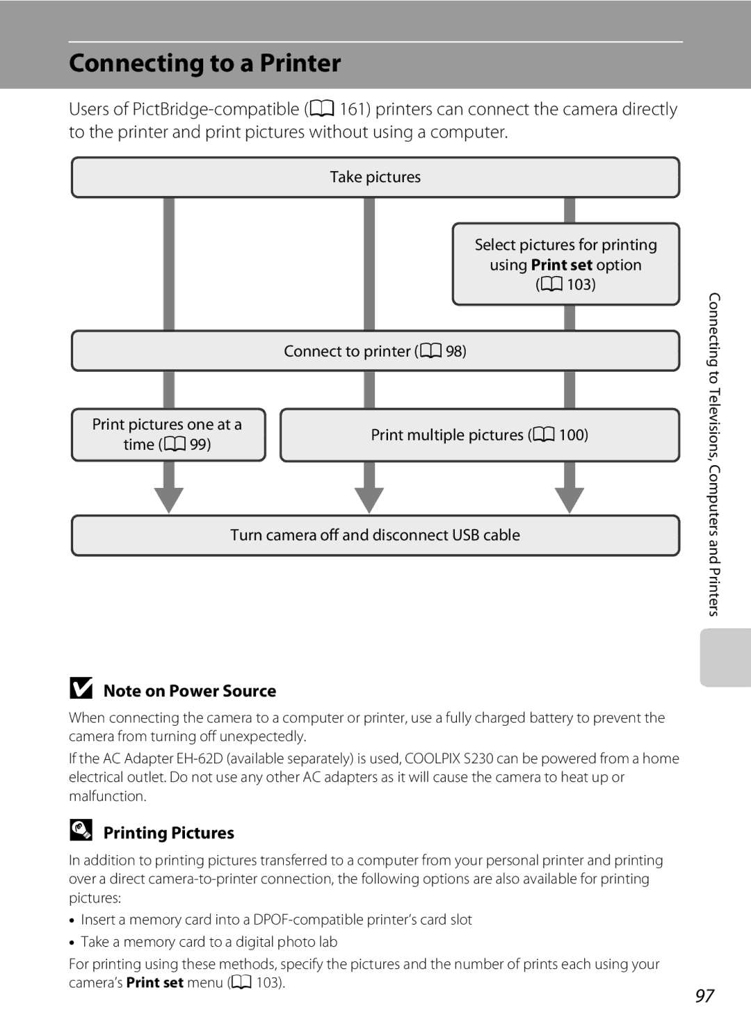 Nikon S230 user manual Connecting to a Printer, Printing Pictures 