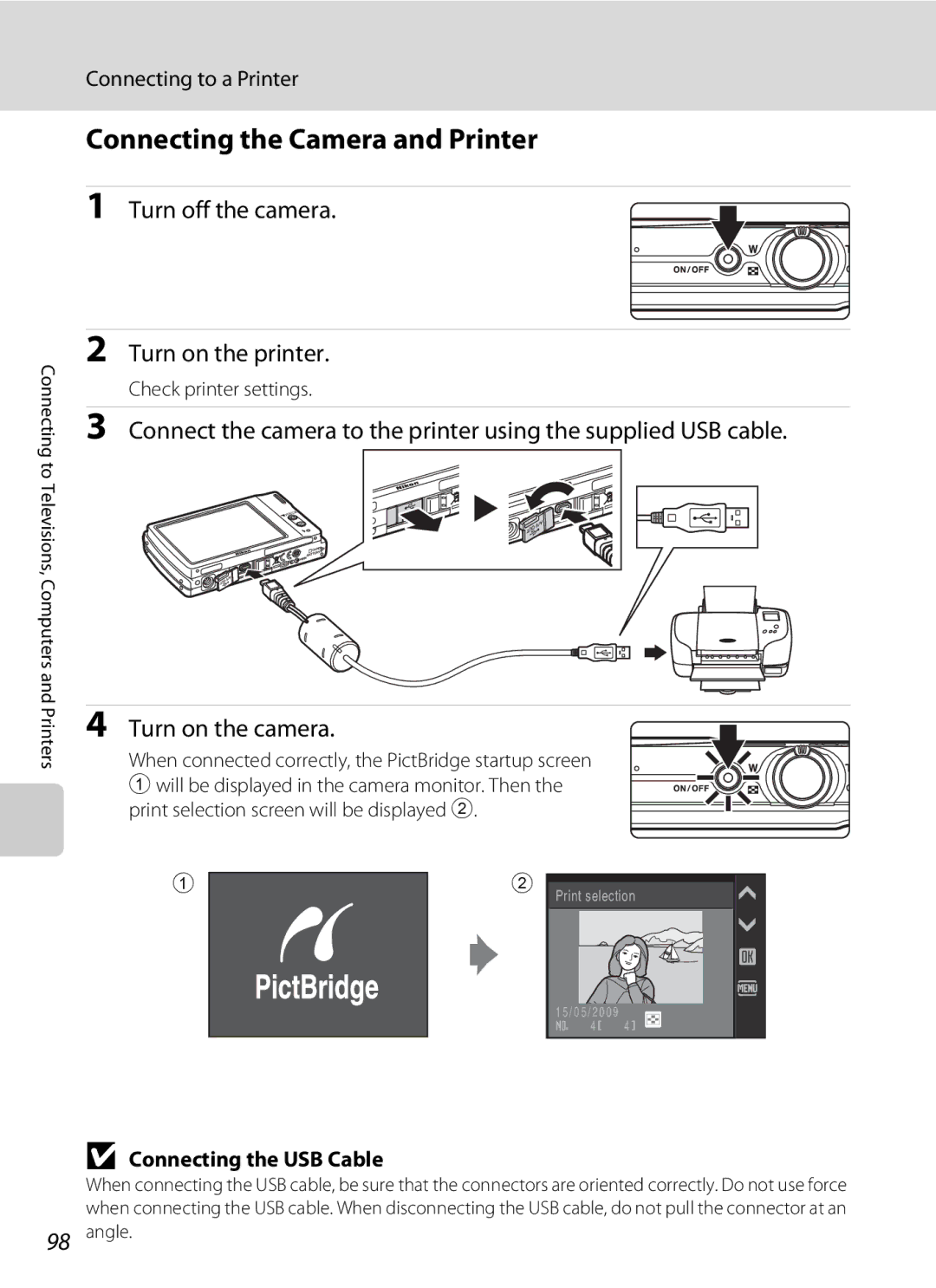 Nikon S230 Connecting the Camera and Printer, Turn on the printer, Connecting to a Printer, Check printer settings 