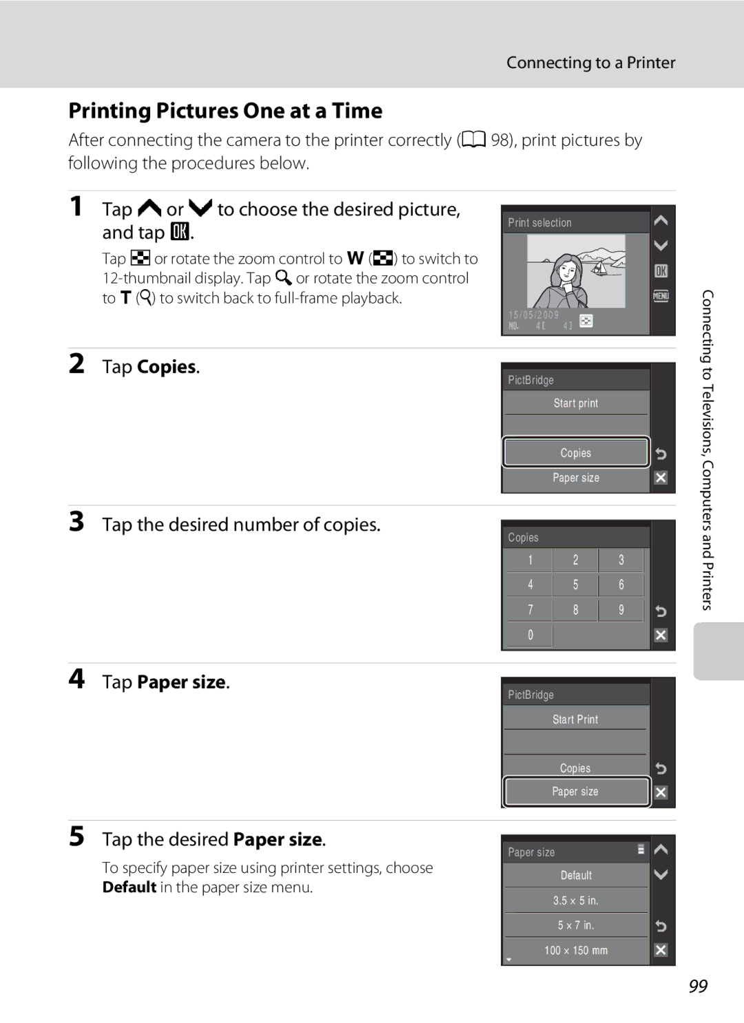 Nikon S230 user manual Printing Pictures One at a Time, Tap Copies, Tap Paper size 