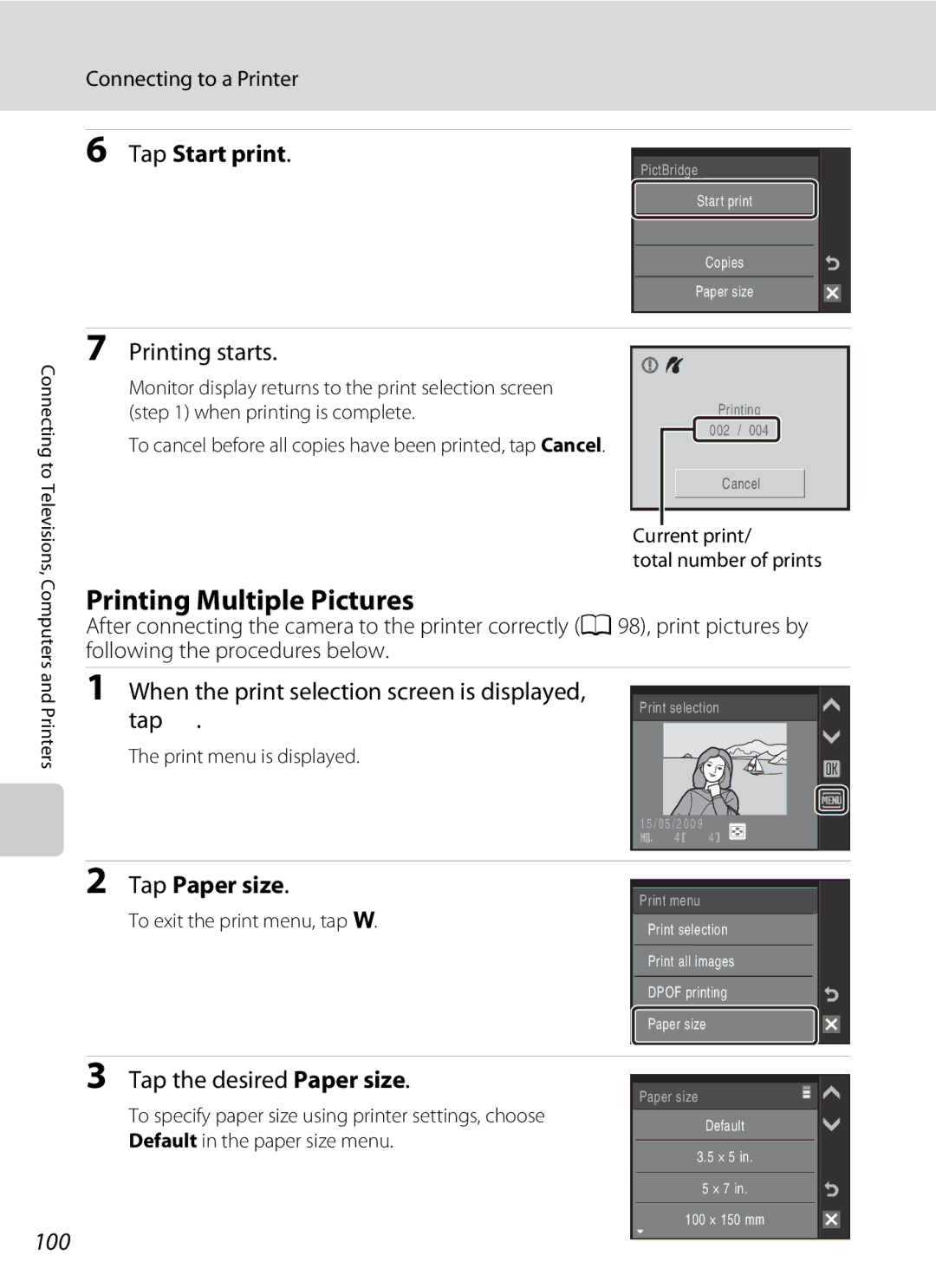 Nikon S230 user manual Printing Multiple Pictures, Tap Start print, Printing starts, 100 