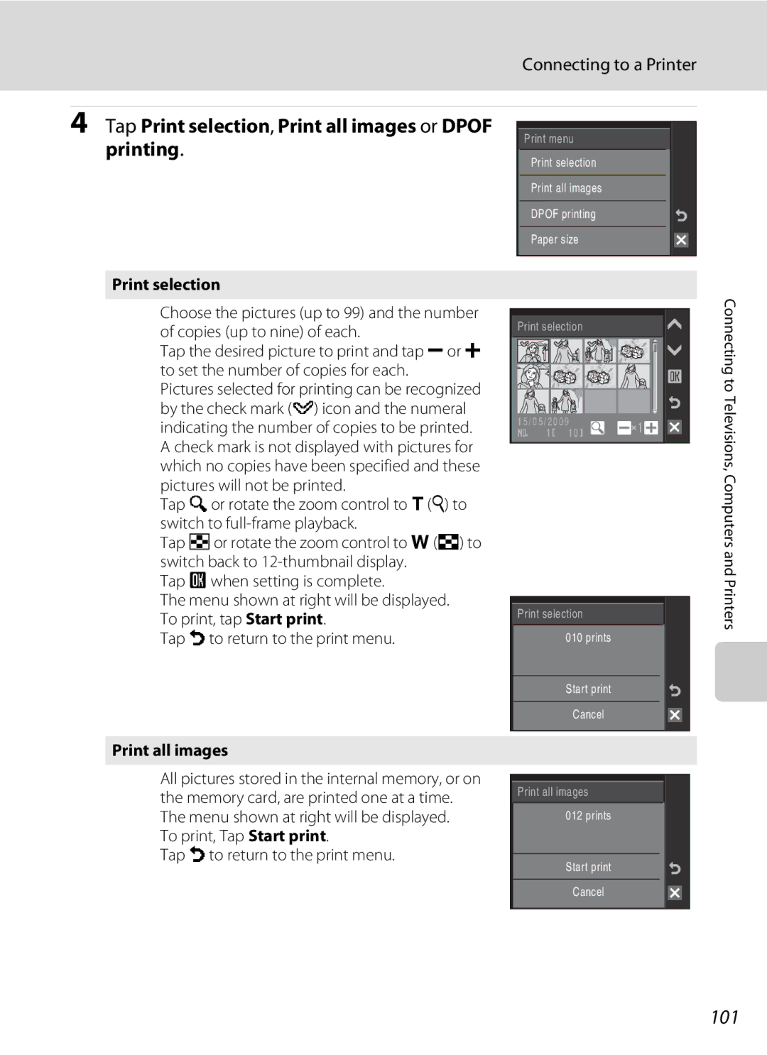 Nikon S230 user manual Tap Print selection, Print all images or Dpof printing, 101 