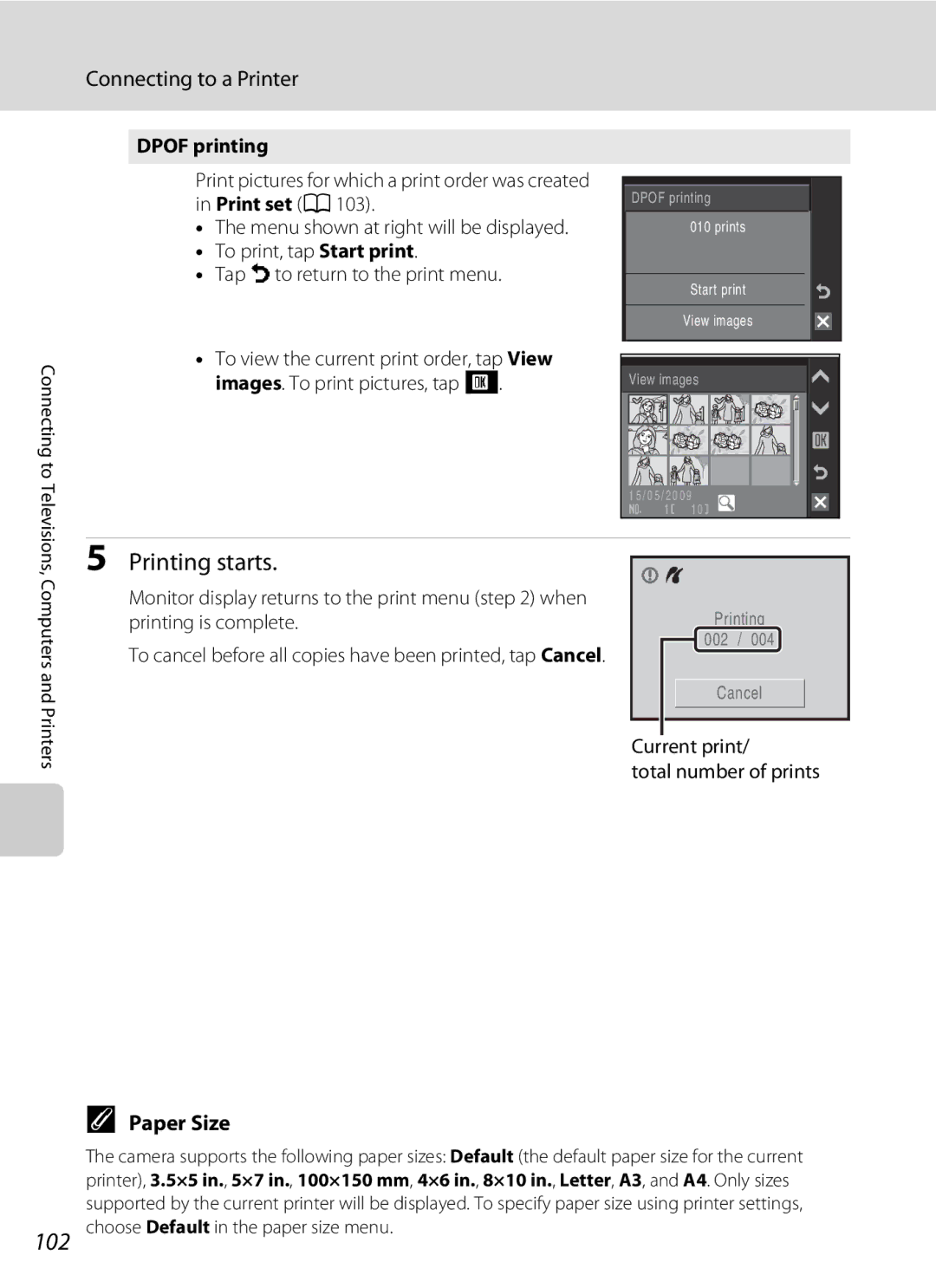 Nikon S230 user manual Paper Size, Dpof printing 