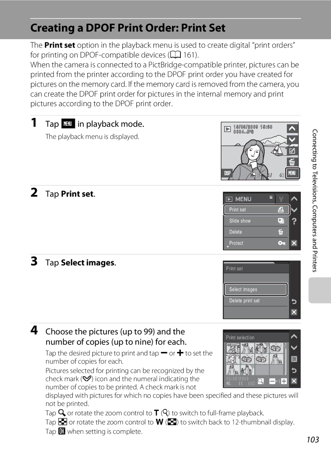 Nikon S230 user manual Creating a Dpof Print Order Print Set, Tap Fin playback mode, Tap Print set, Tap Select images, 103 