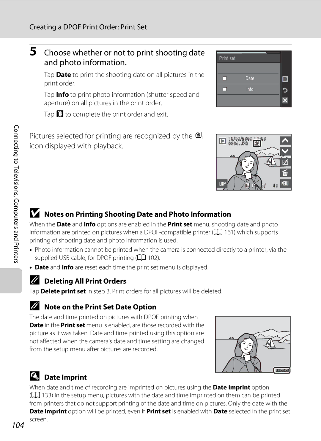 Nikon S230 user manual Creating a Dpof Print Order Print Set, Deleting All Print Orders, Date Imprint 