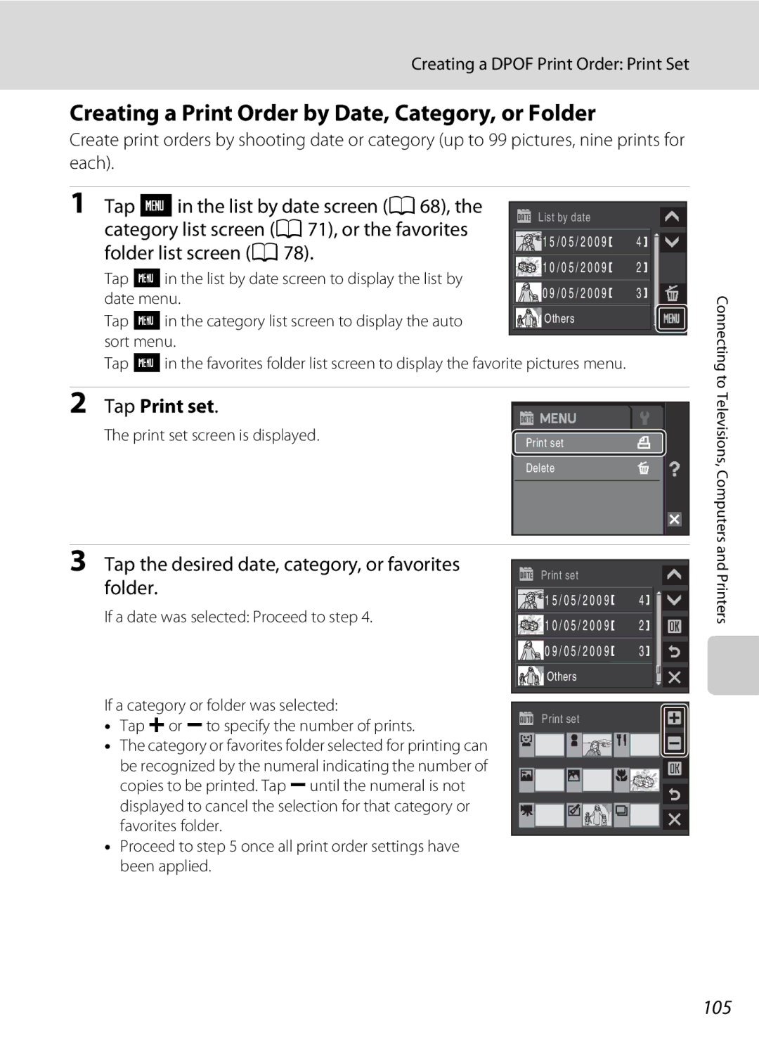 Nikon S230 Creating a Print Order by Date, Category, or Folder, Tap the desired date, category, or favorites folder, 105 