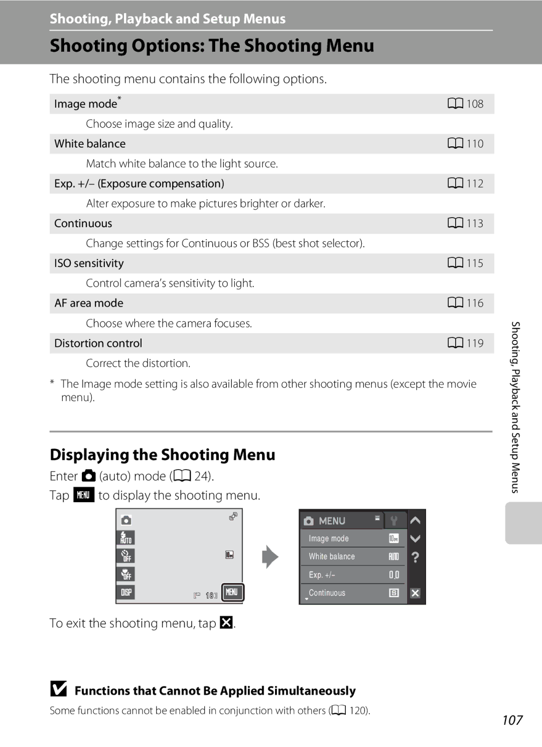 Nikon S230 user manual Shooting Options The Shooting Menu, 107, Shooting menu contains the following options 