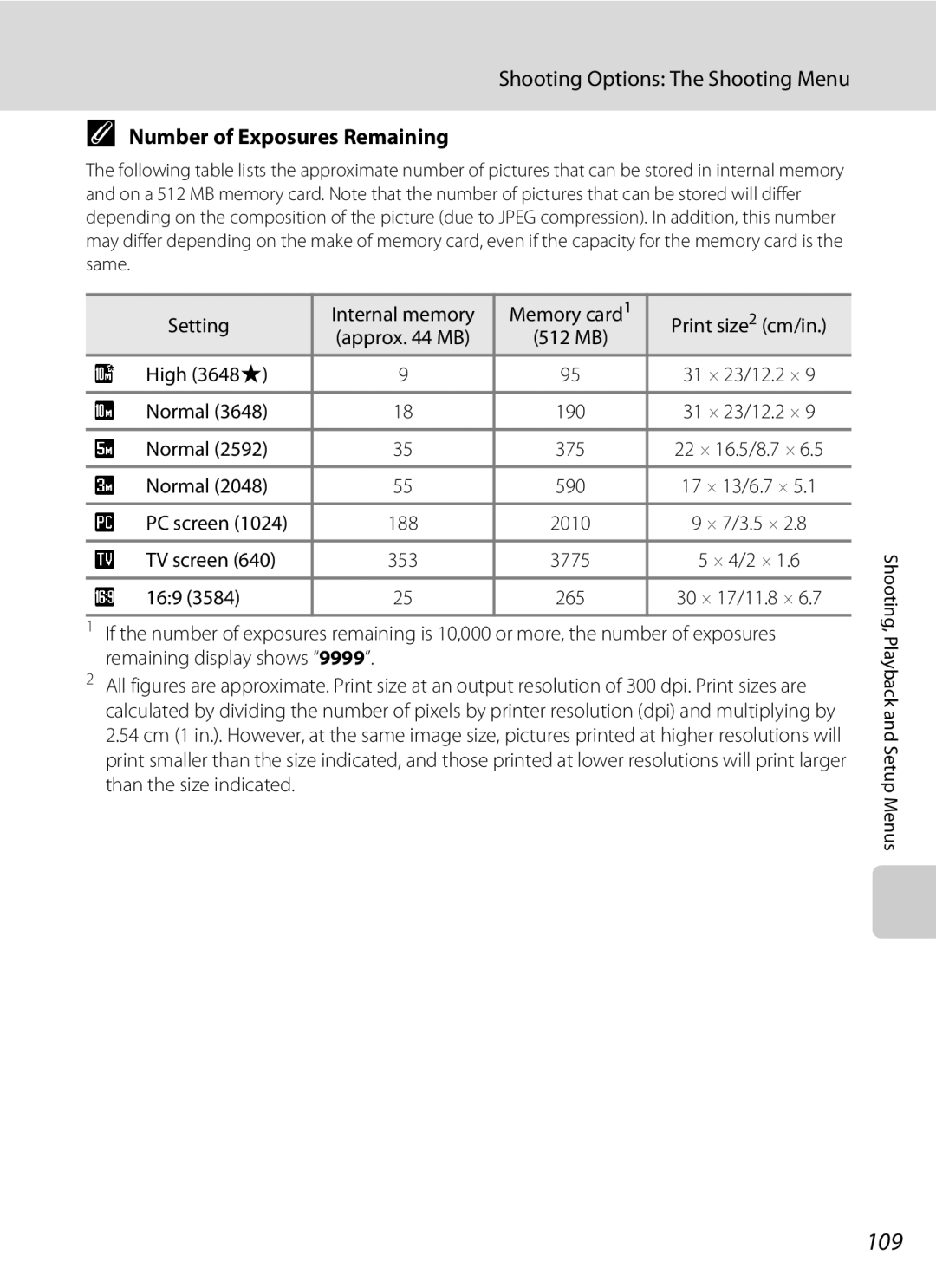 Nikon S230 user manual 109, Number of Exposures Remaining 