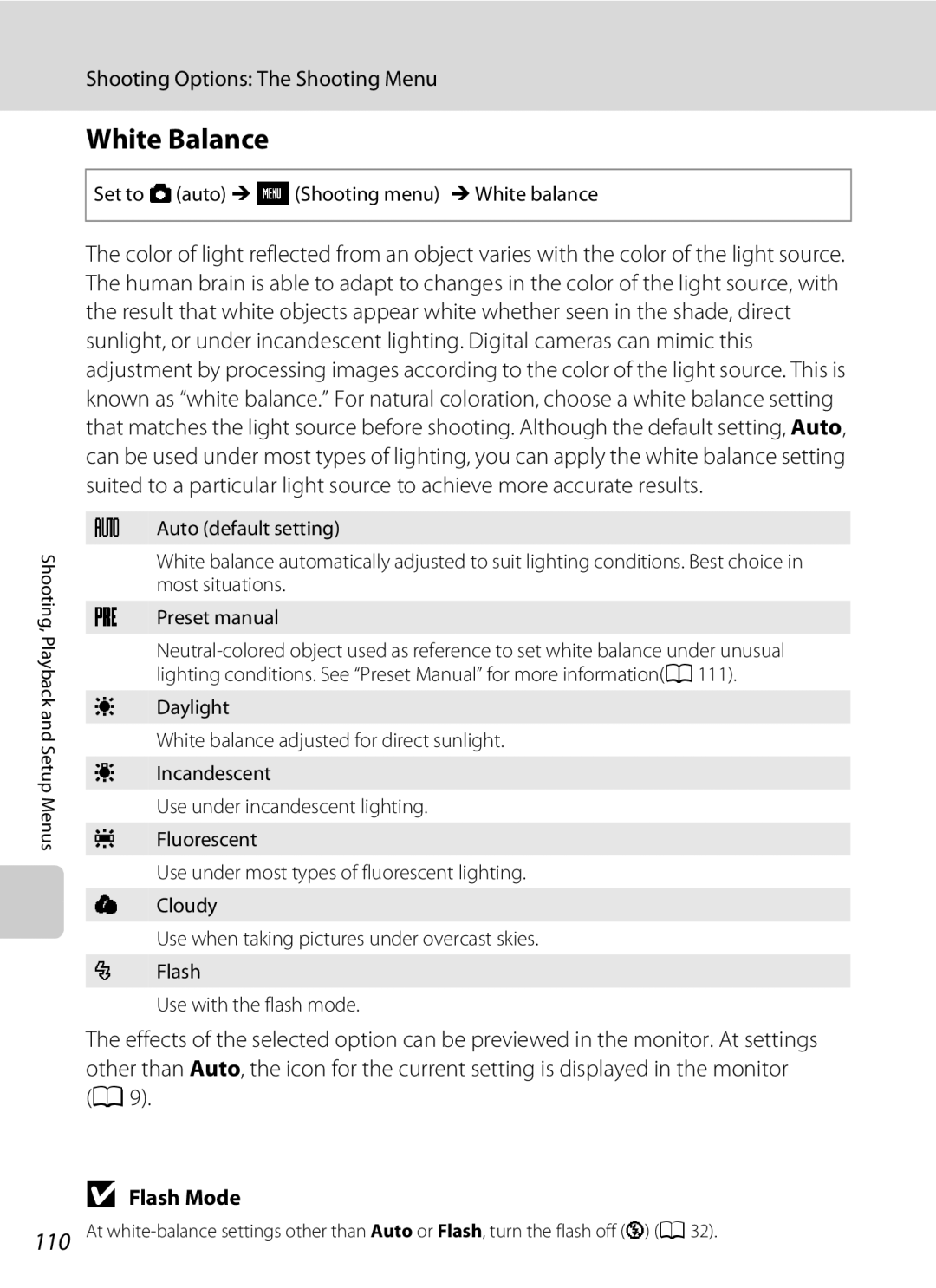 Nikon S230 user manual White Balance, Flash Mode, Set to Aauto M FShooting menu M White balance 