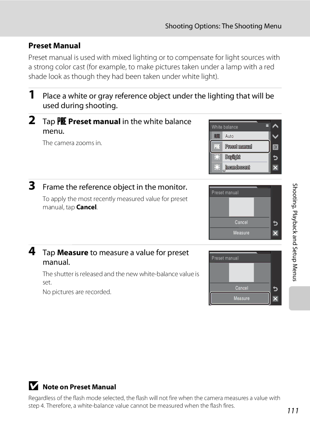 Nikon S230 Preset Manual, Frame the reference object in the monitor, Tap Measure to measure a value for preset manual, 111 