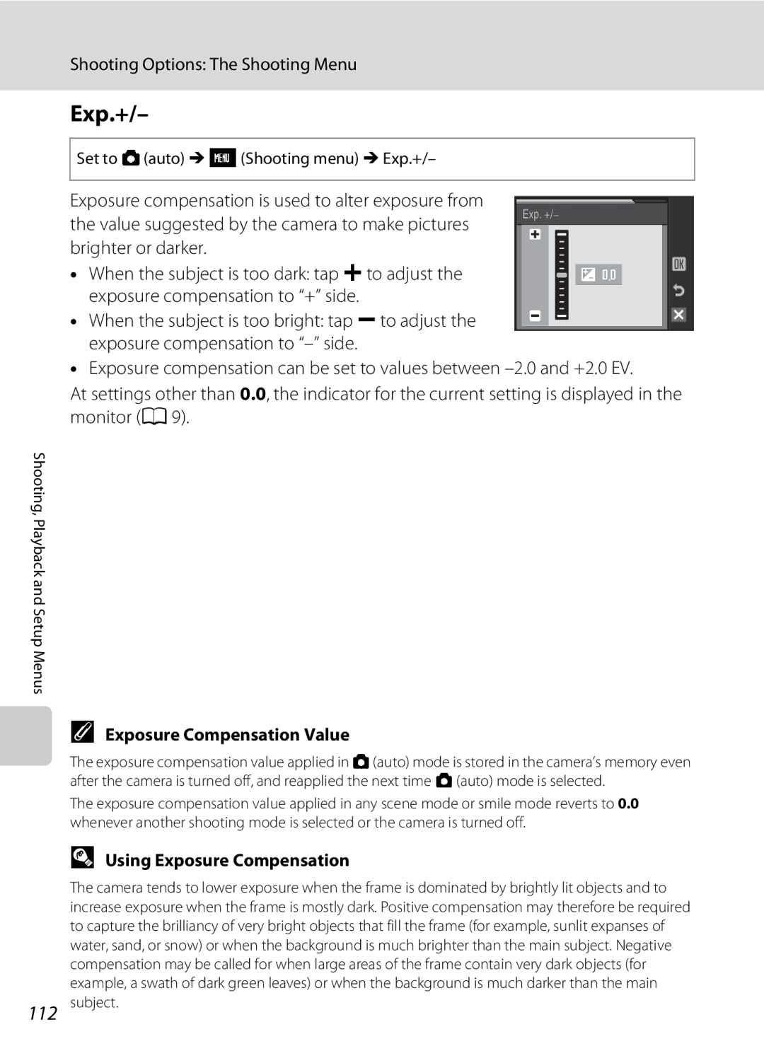 Nikon S230 user manual Exposure Compensation Value, Using Exposure Compensation, Set to Aauto M FShooting menu M Exp.+ 