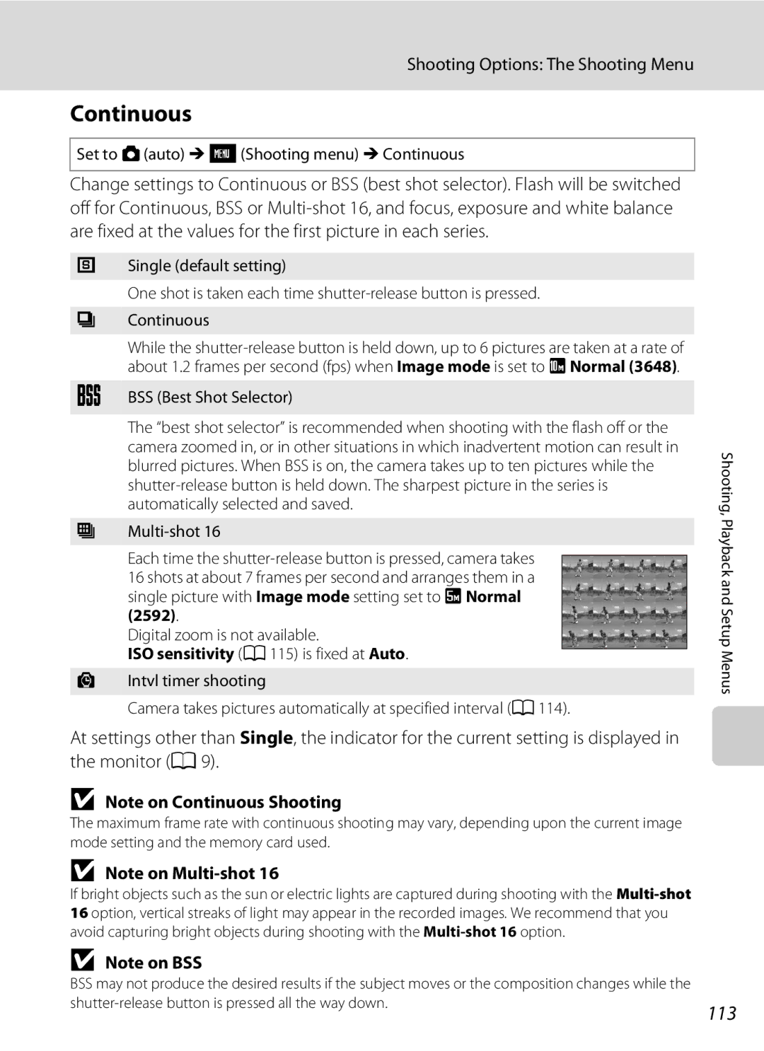 Nikon S230 user manual Continuous, 113, BSS Best Shot Selector 