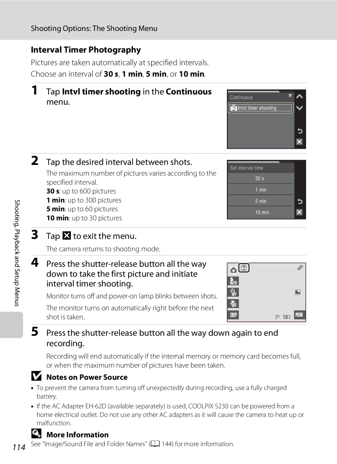 Nikon S230 user manual Interval Timer Photography, Tap Intvl timer shooting in the Continuous menu, Tap f to exit the menu 