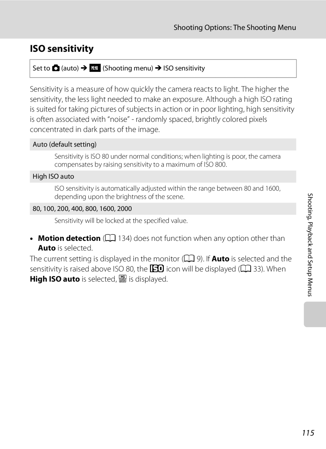 Nikon S230 user manual 115, Set to Aauto M FShooting menu M ISO sensitivity, Auto default setting 