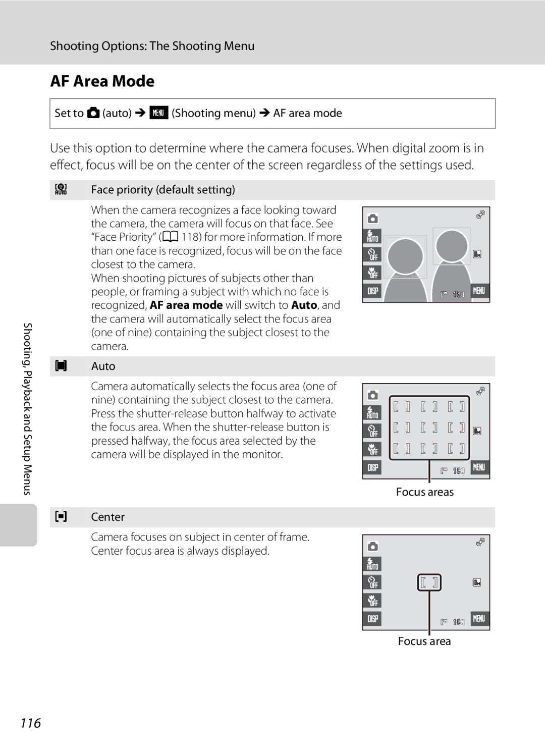 Nikon S230 user manual AF Area Mode, 116, Set to Aauto M FShooting menu M AF area mode, Center, Focus areas 