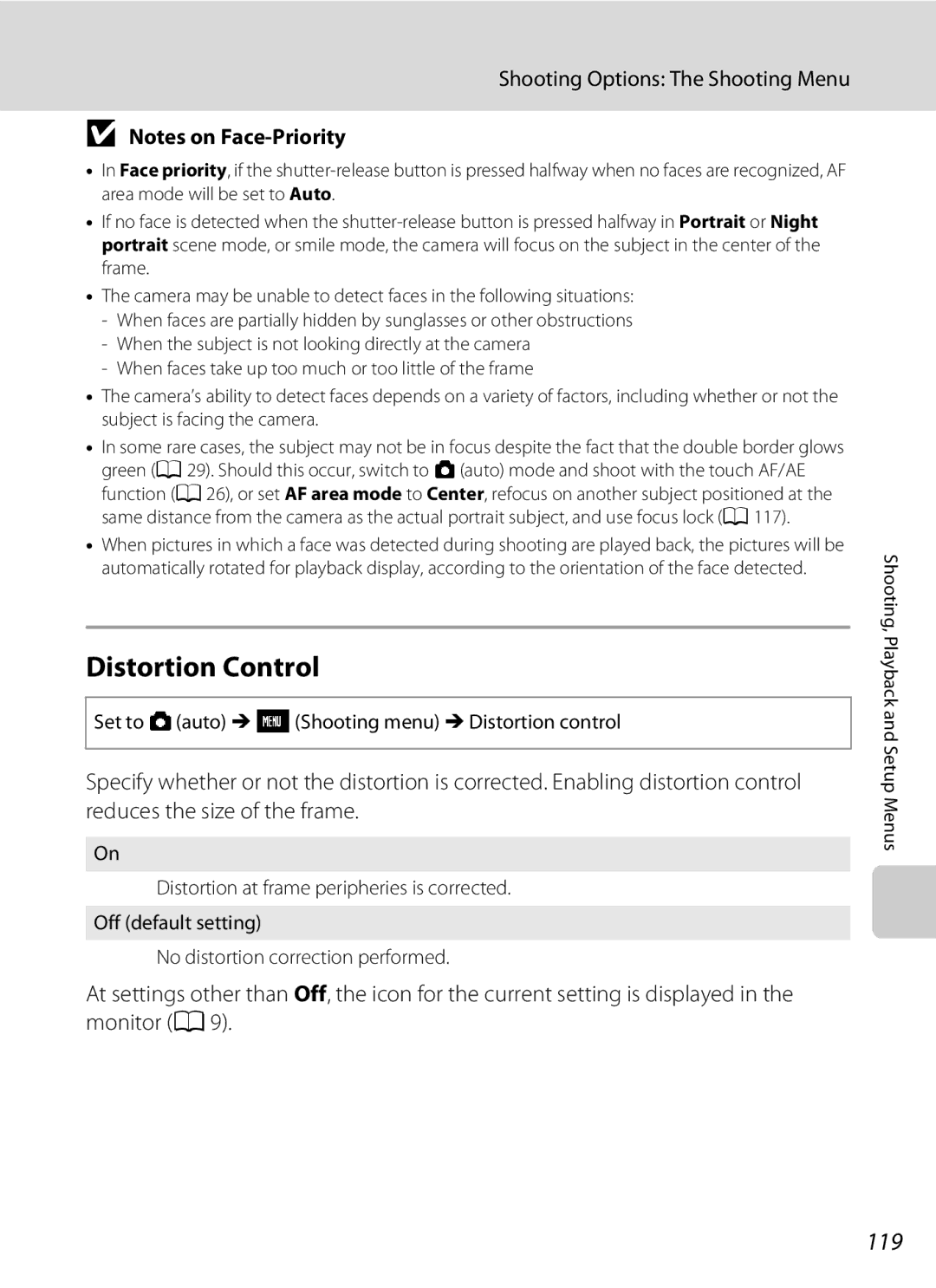 Nikon S230 user manual Distortion Control, 119, Set to Aauto M FShooting menu M Distortion control 