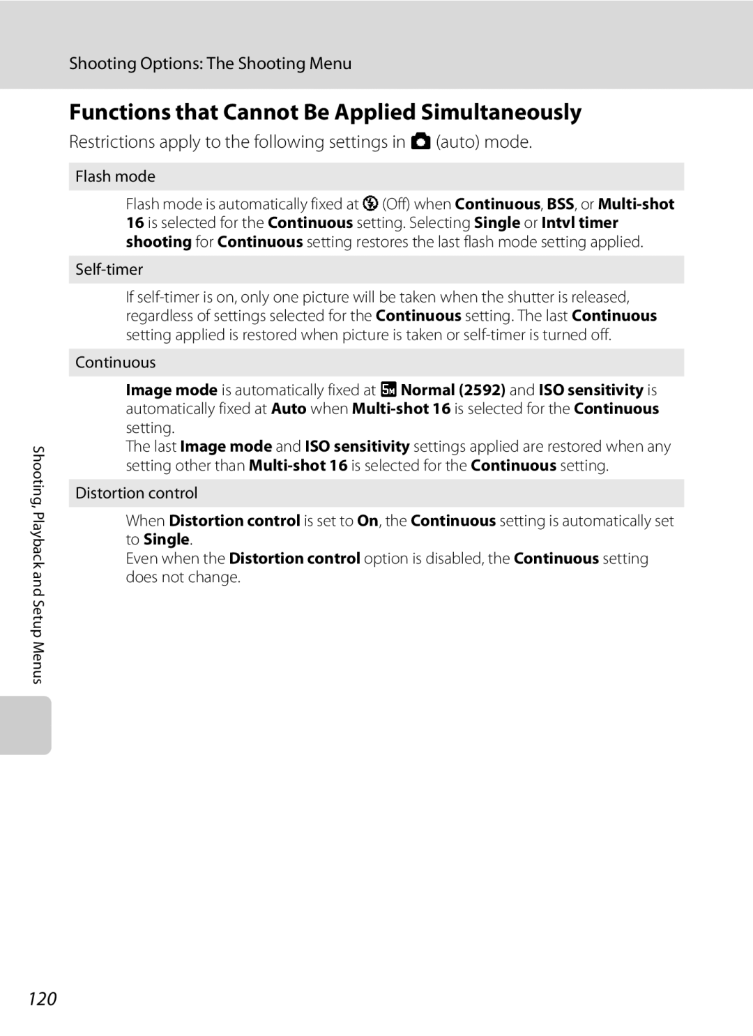 Nikon S230 user manual Functions that Cannot Be Applied Simultaneously, 120, Flash mode 