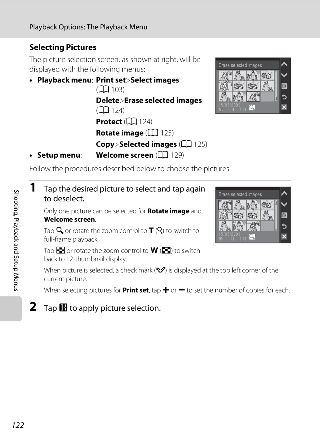 Nikon S230 user manual Selecting Pictures, Tap the desired picture to select and tap again to deselect, 122 