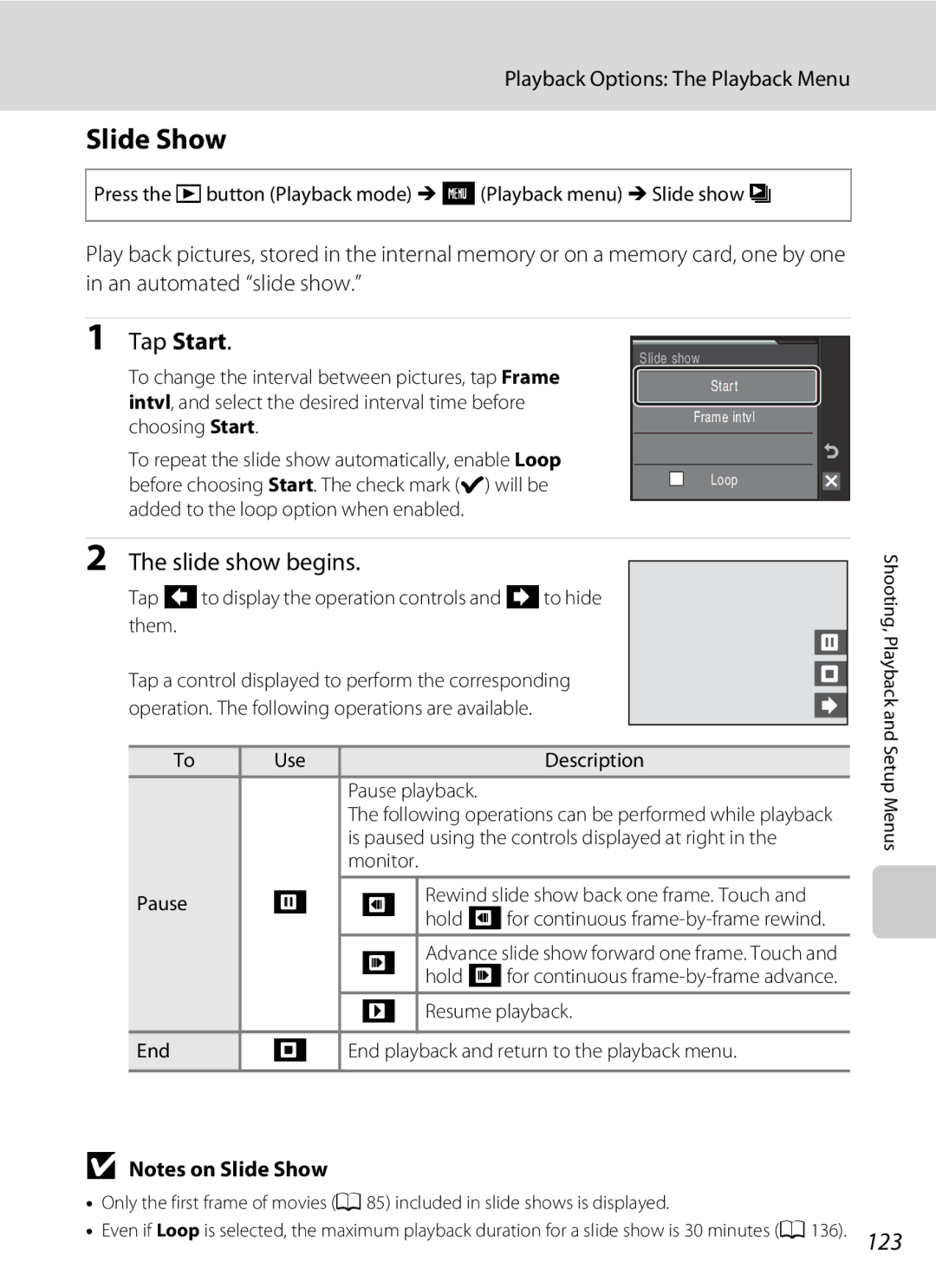 Nikon S230 user manual Slide Show, Tap Start, Slide show begins 