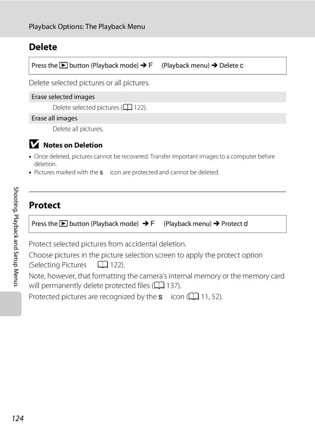 Nikon S230 user manual Protect, 124, Delete selected pictures or all pictures 