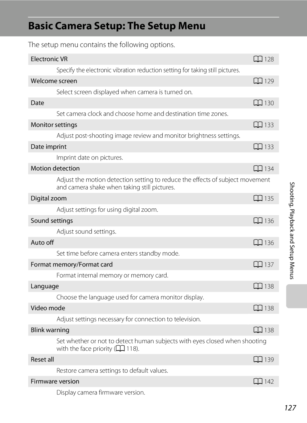 Nikon S230 user manual Basic Camera Setup The Setup Menu, 127, Setup menu contains the following options 