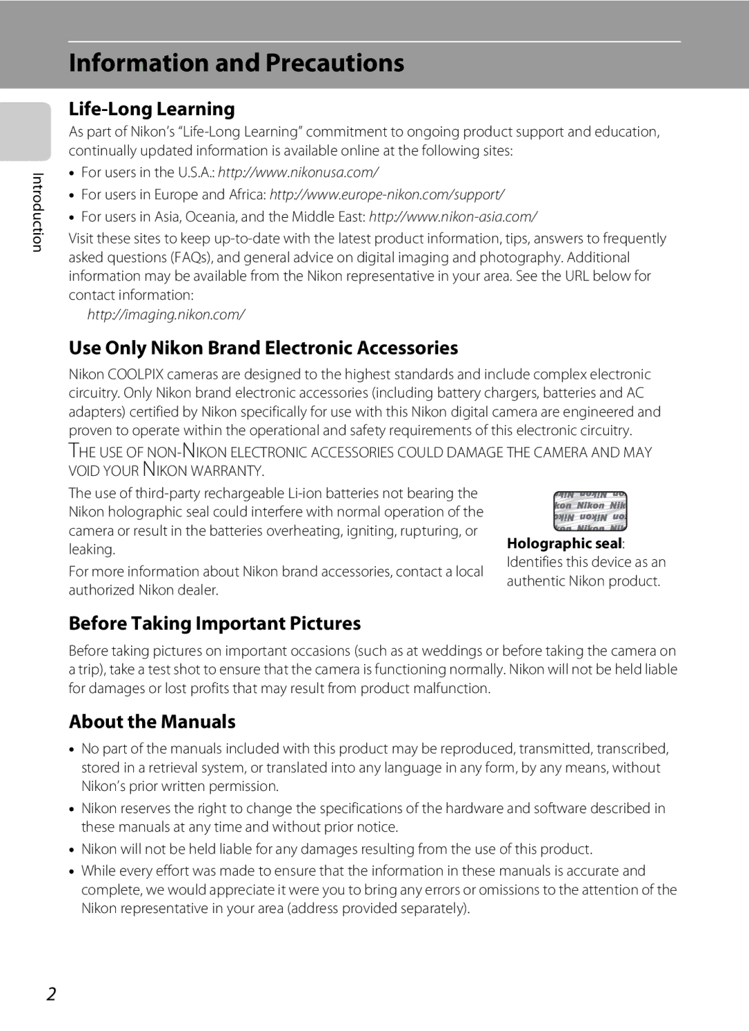 Nikon S230 Information and Precautions, Life-Long Learning, Use Only Nikon Brand Electronic Accessories, About the Manuals 