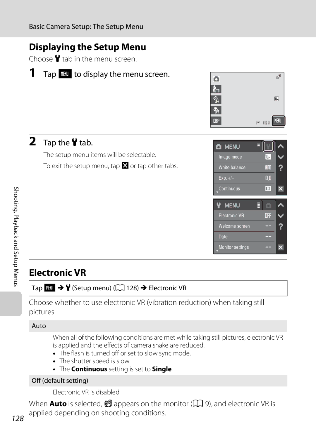 Nikon S230 Displaying the Setup Menu, Tap Fto display the menu screen, Tap the ztab, Basic Camera Setup The Setup Menu 