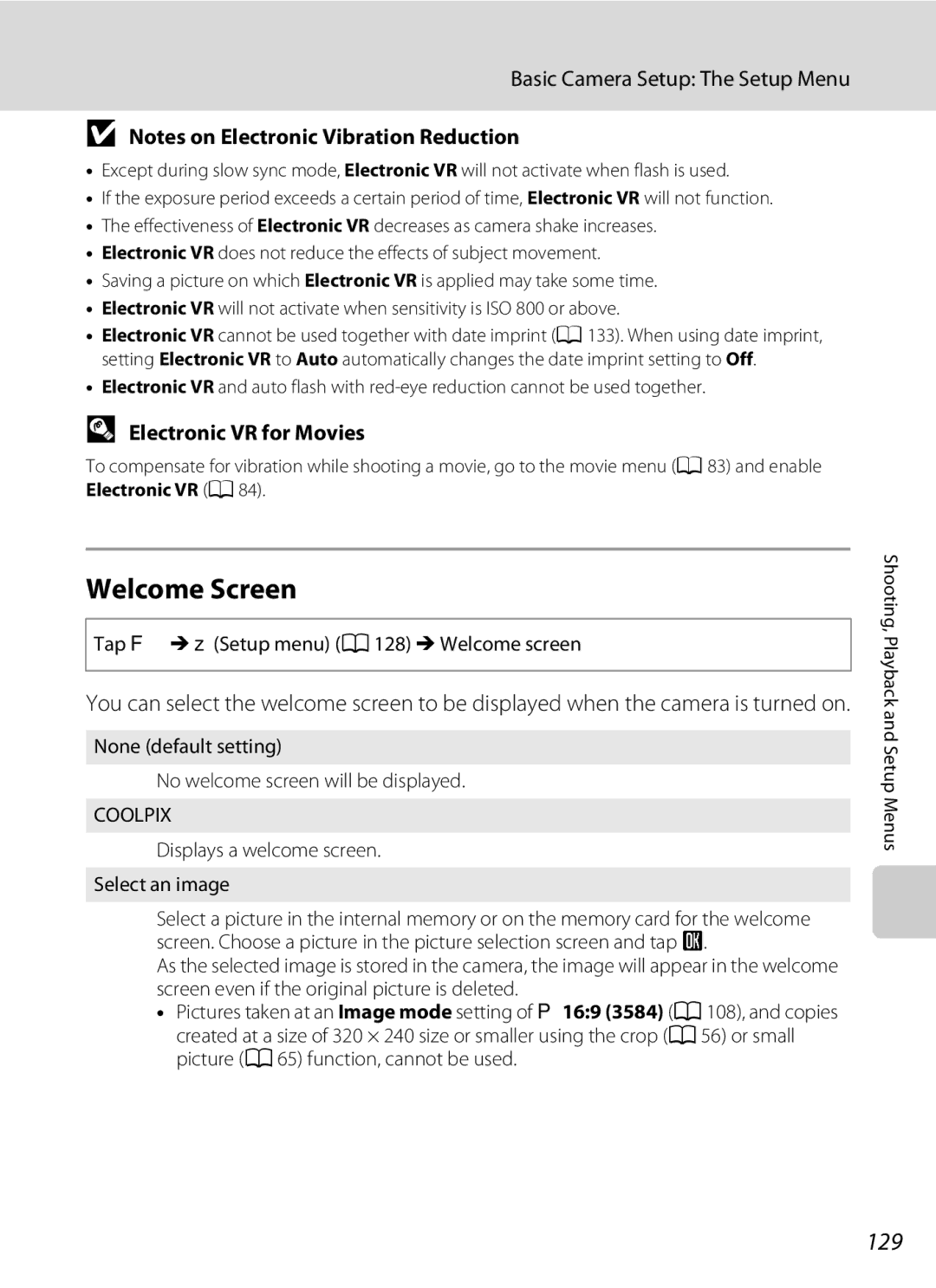 Nikon S230 user manual Welcome Screen, 129, Electronic VR for Movies, Displays a welcome screen Select an image 