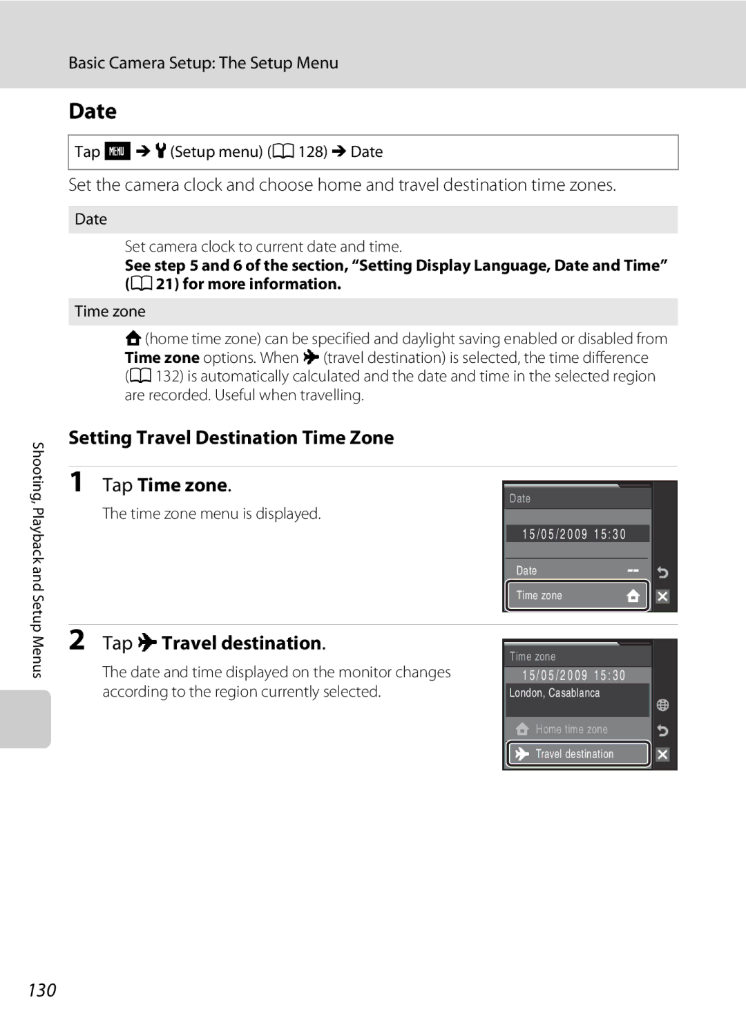 Nikon S230 user manual Date, Setting Travel Destination Time Zone Tap Time zone, Tap xTravel destination, 130 