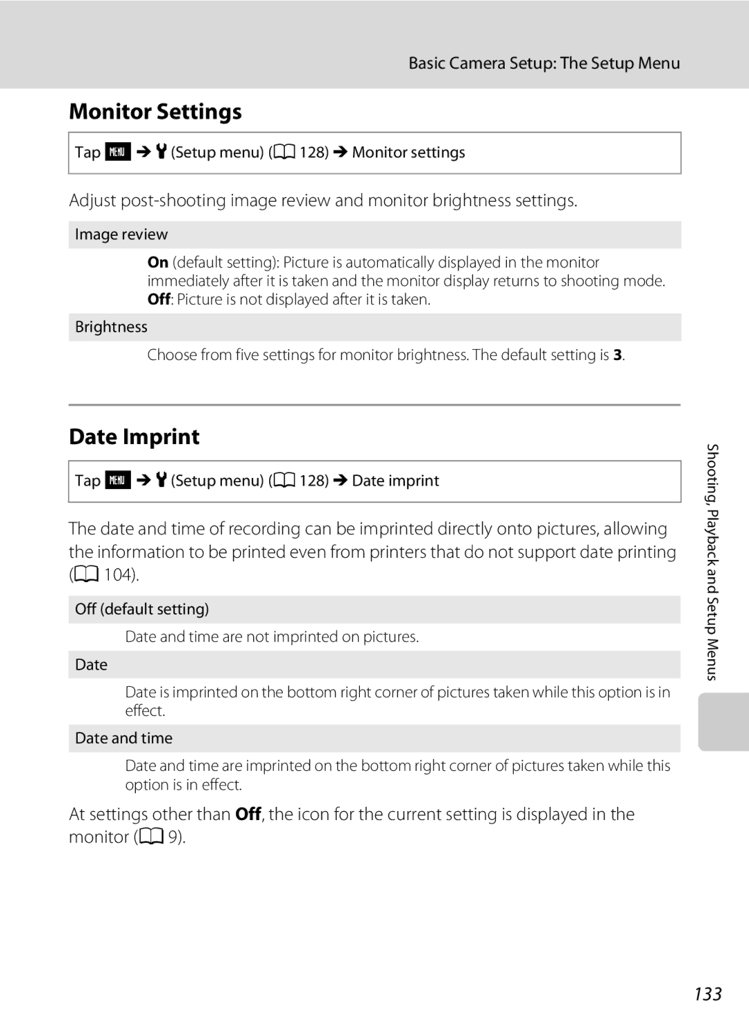 Nikon S230 user manual Monitor Settings, Date Imprint, 133 