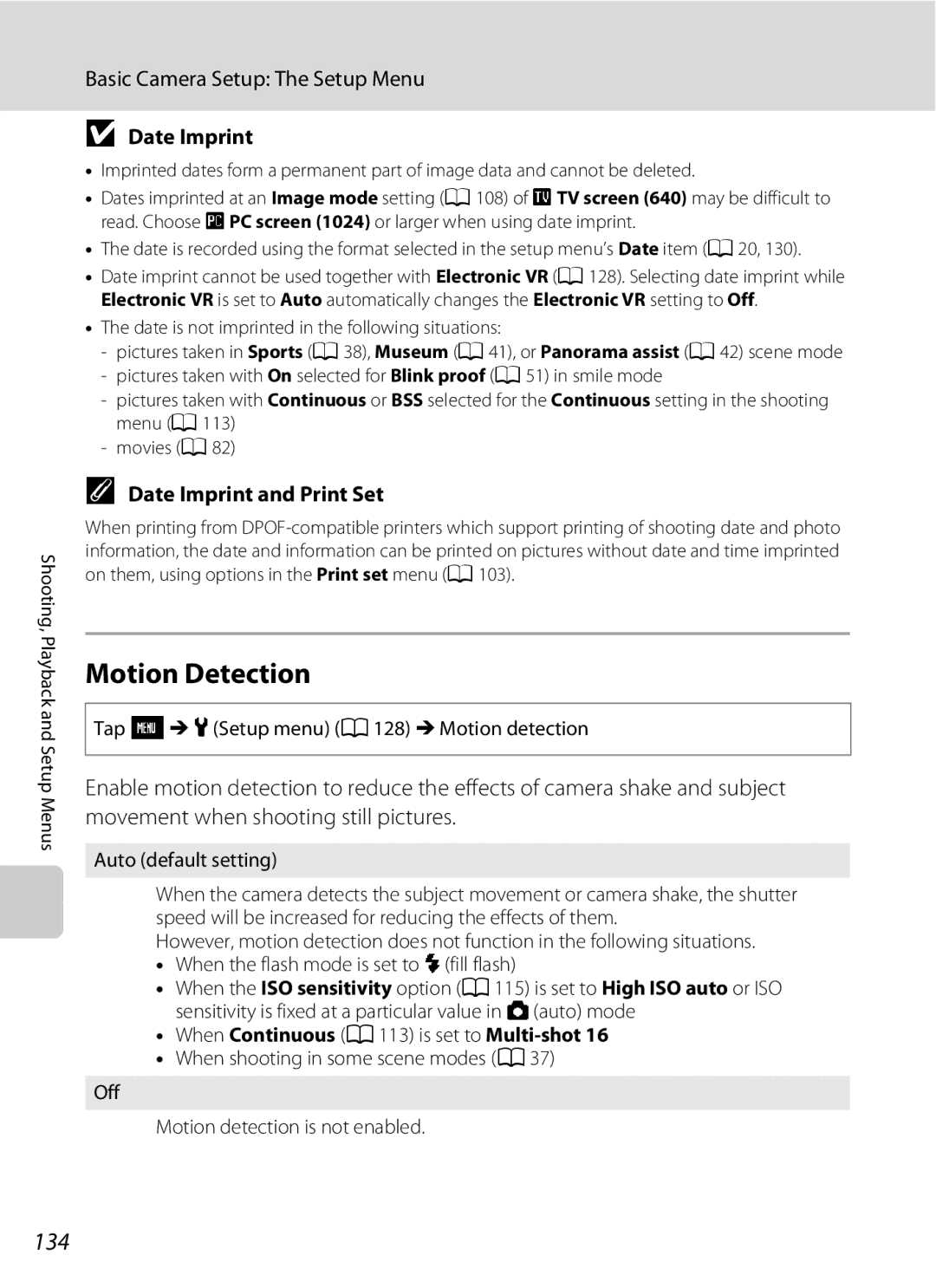 Nikon S230 user manual Motion Detection, 134, Date Imprint and Print Set, Tap FMz Setup menu A128 MMotion detection 