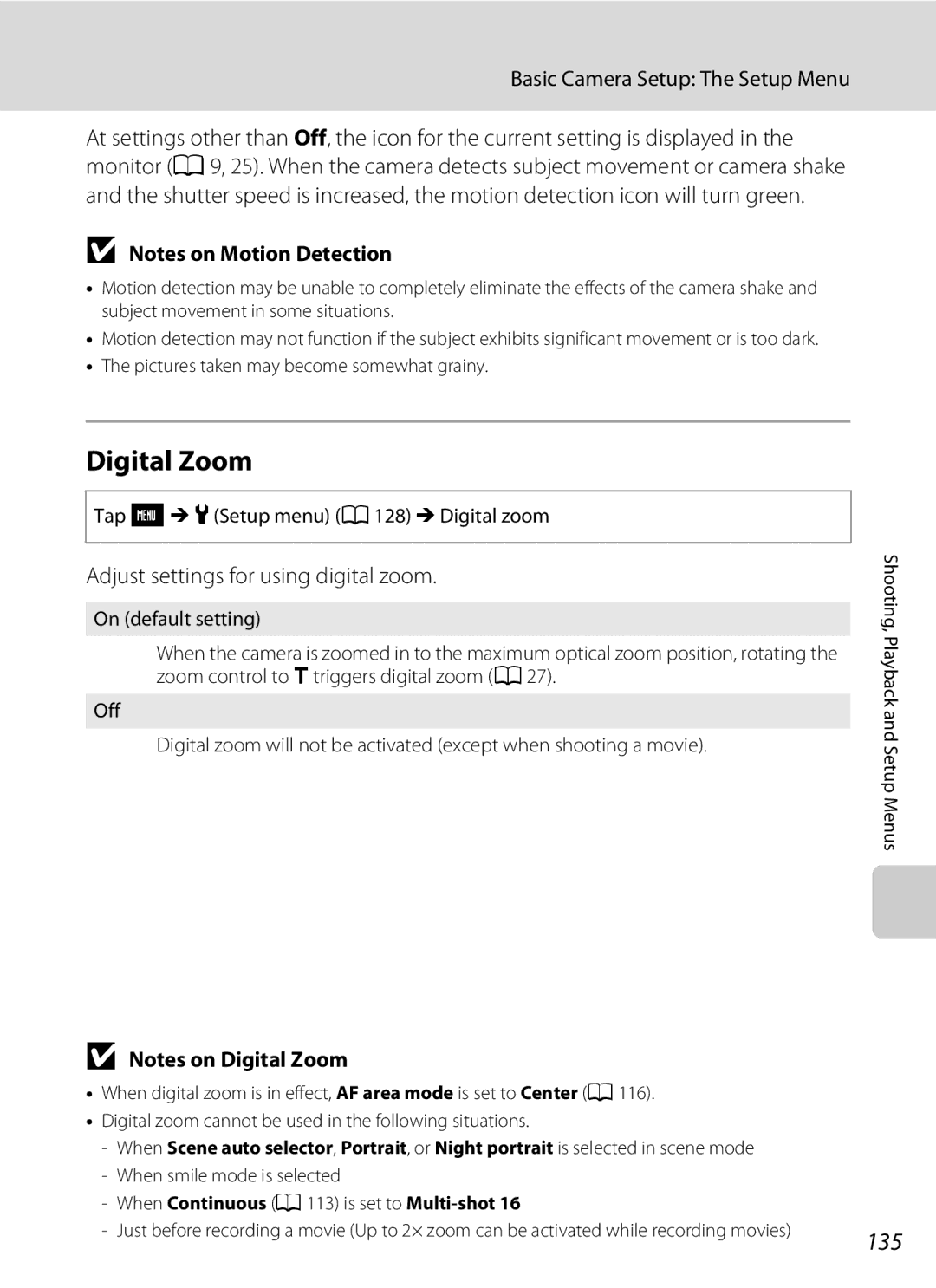 Nikon S230 user manual Digital Zoom, 135, Adjust settings for using digital zoom, Tap FM zSetup menu A128 M Digital zoom 