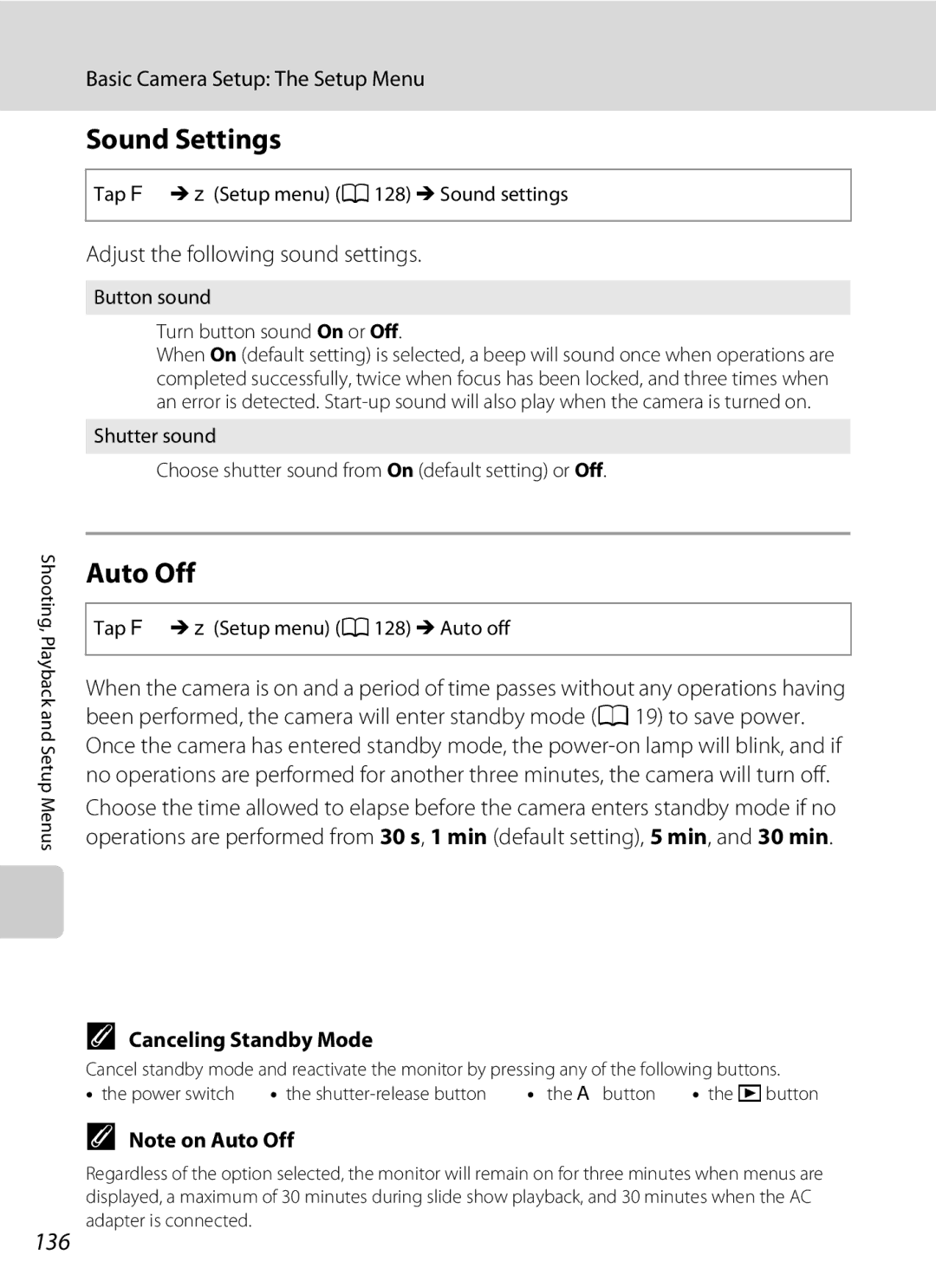 Nikon S230 user manual Sound Settings, Auto Off, 136, Adjust the following sound settings, Canceling Standby Mode 