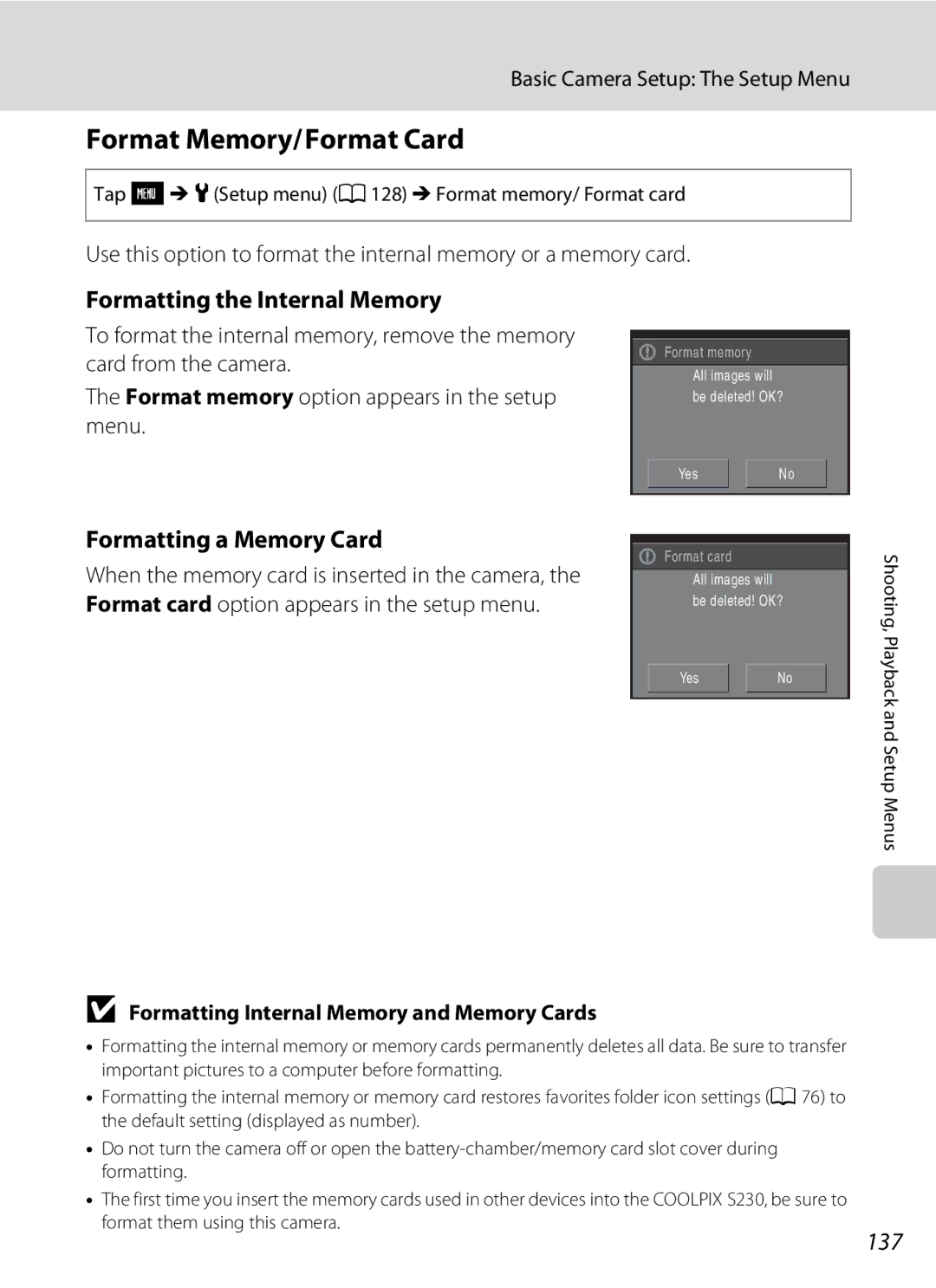 Nikon S230 user manual Format Memory/Format Card, Formatting the Internal Memory, Formatting a Memory Card, 137 