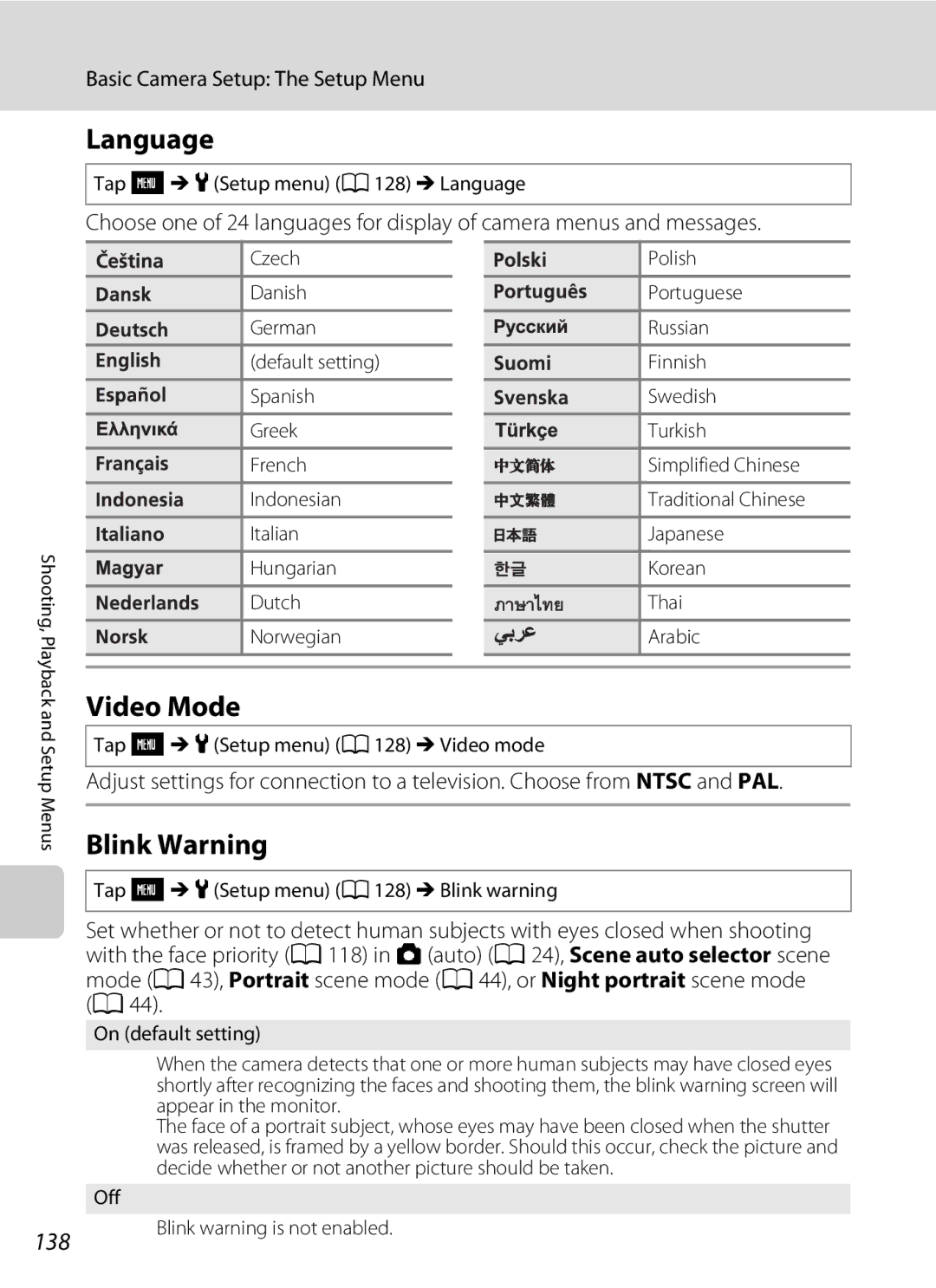 Nikon S230 user manual Language, Video Mode, Blink Warning 