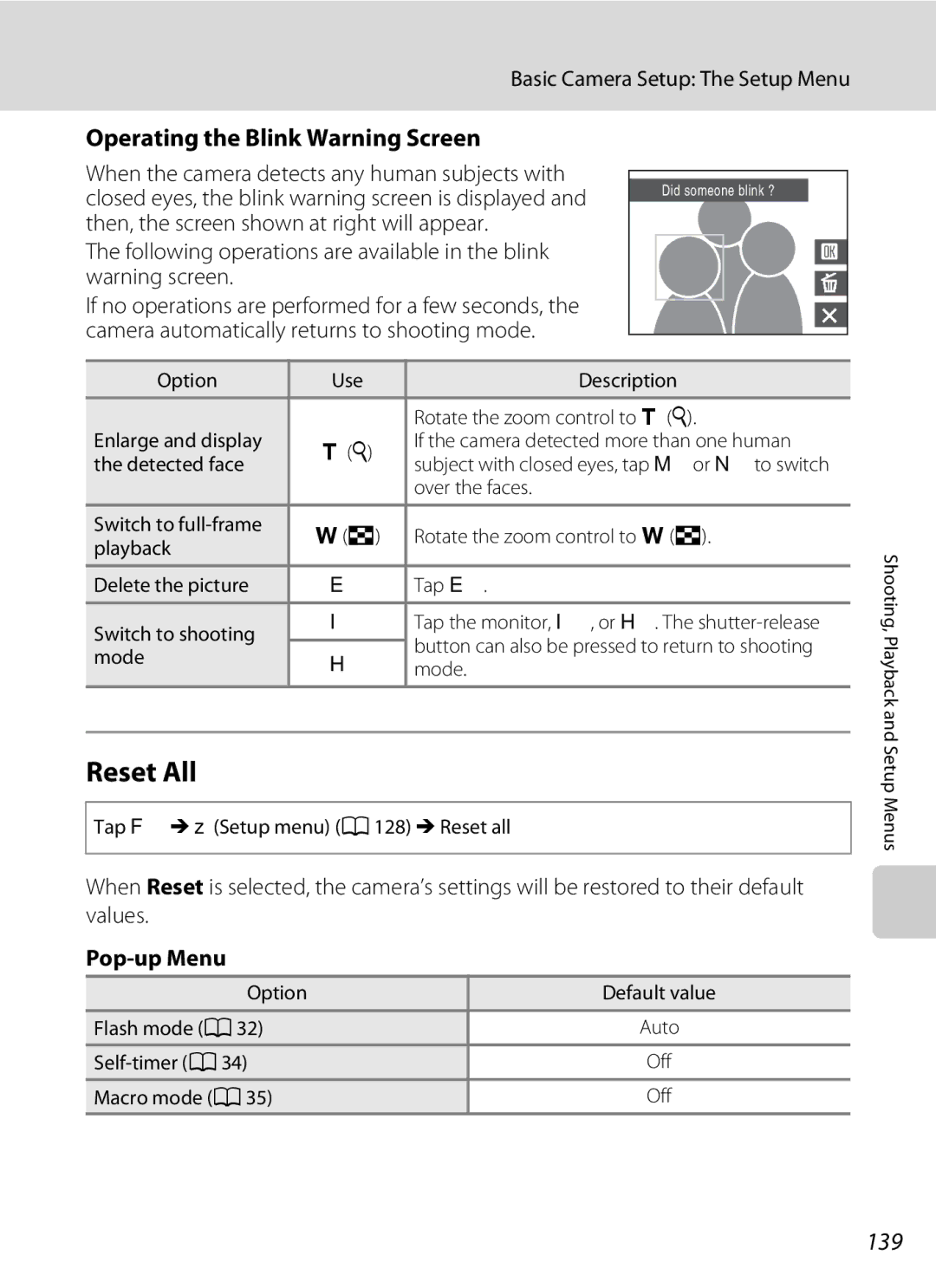 Nikon S230 user manual Reset All, Operating the Blink Warning Screen, 139, Pop-up Menu 