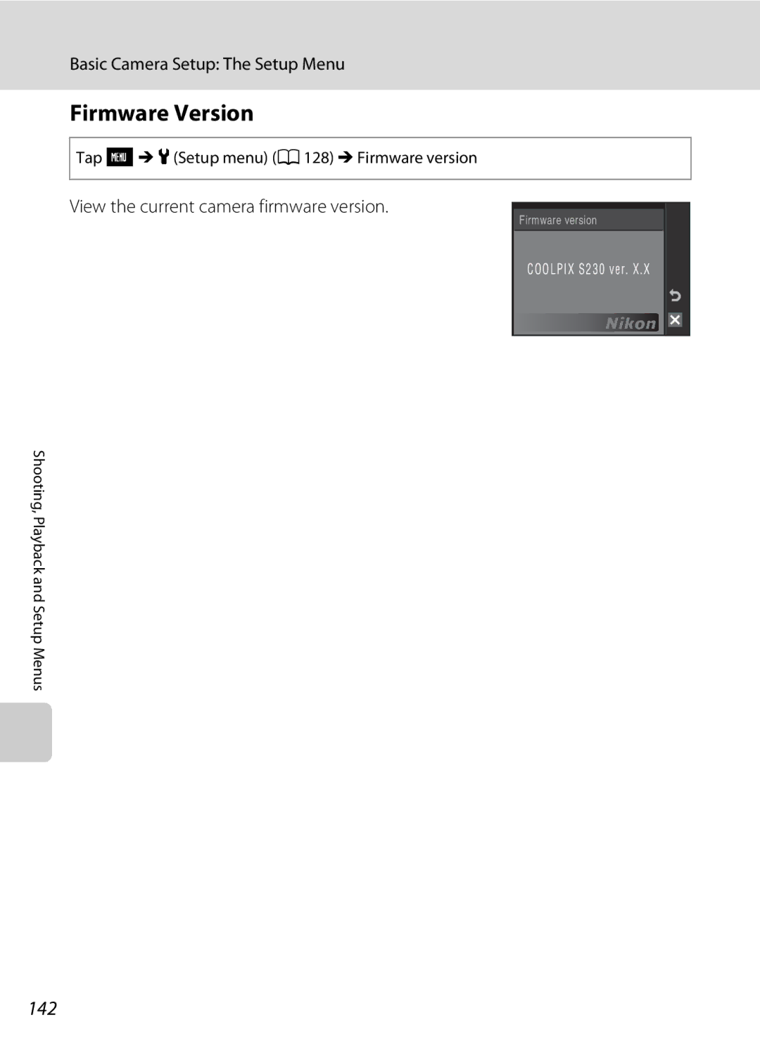 Nikon S230 Firmware Version, 142, View the current camera firmware version, Tap FM zSetup menu A128 M Firmware version 