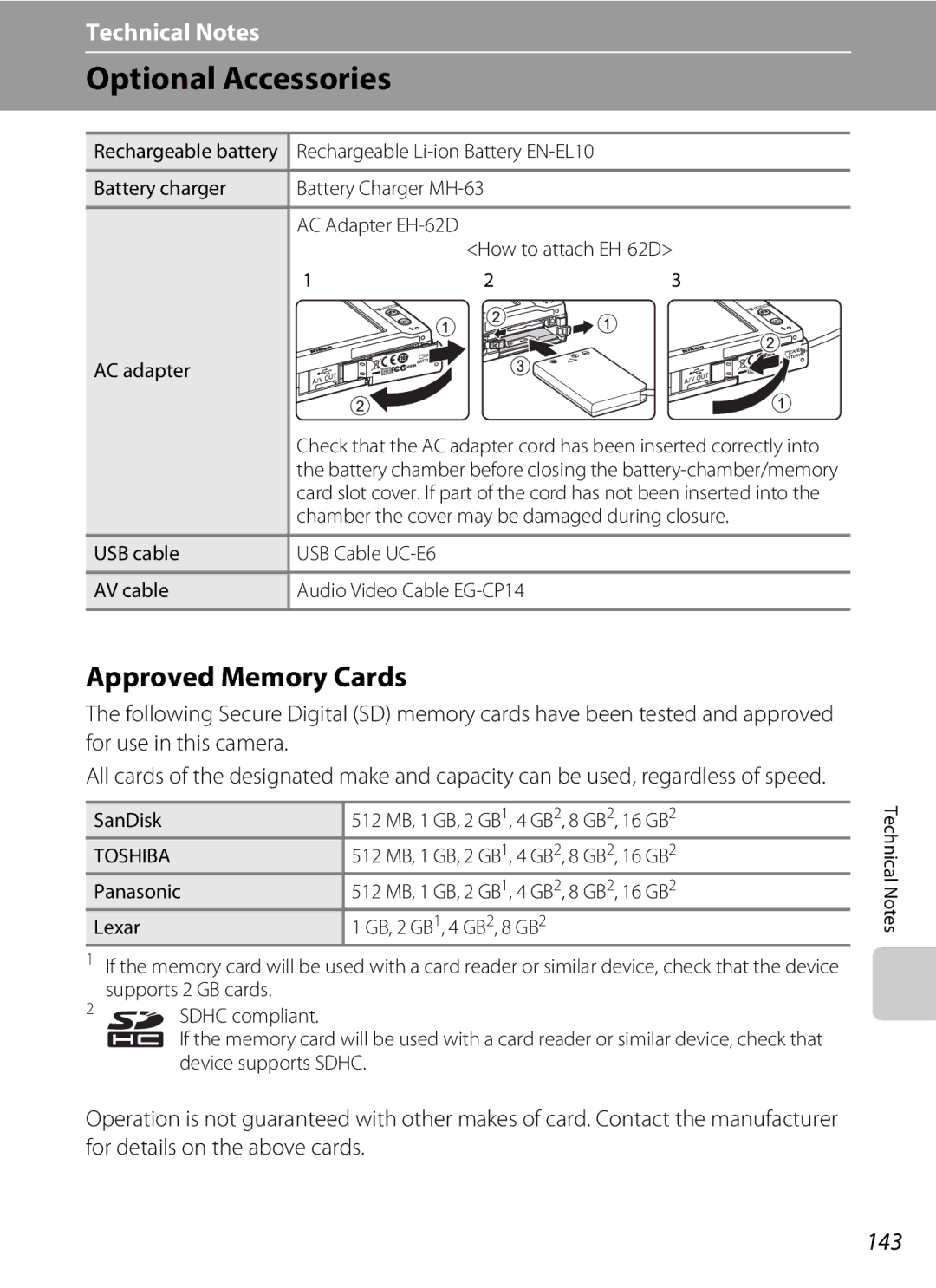 Nikon S230 user manual Optional Accessories, Approved Memory Cards, 143 