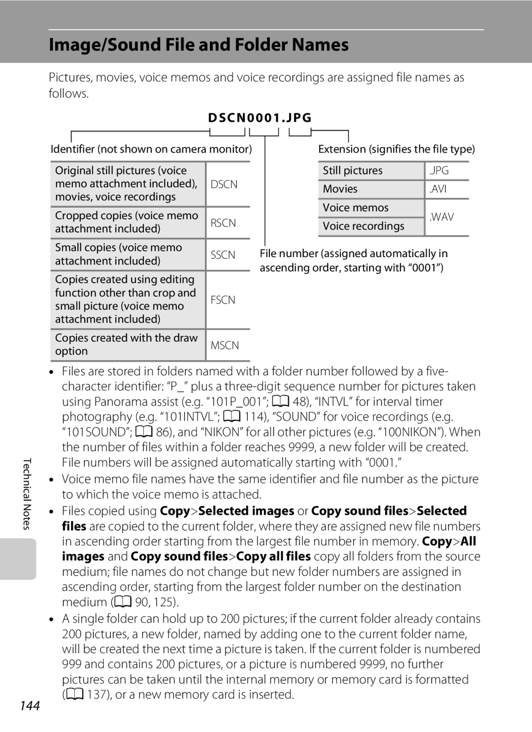 Nikon S230 user manual Image/Sound File and Folder Names, 144 