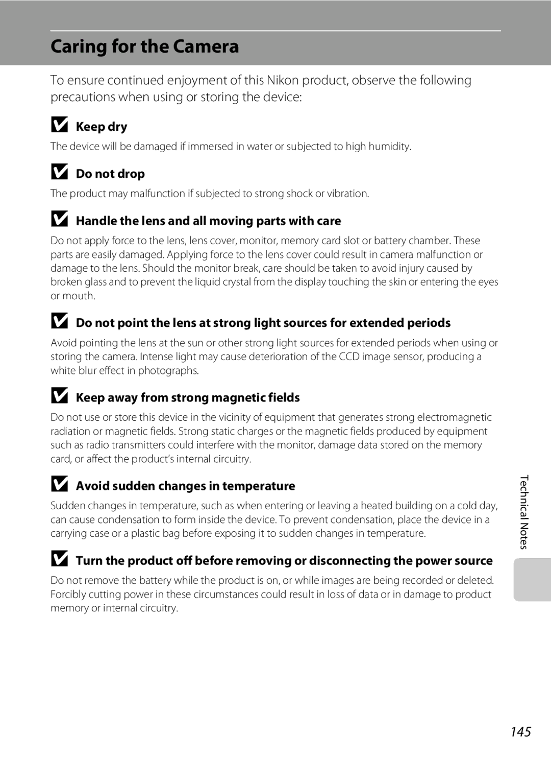 Nikon S230 user manual Caring for the Camera, 145 