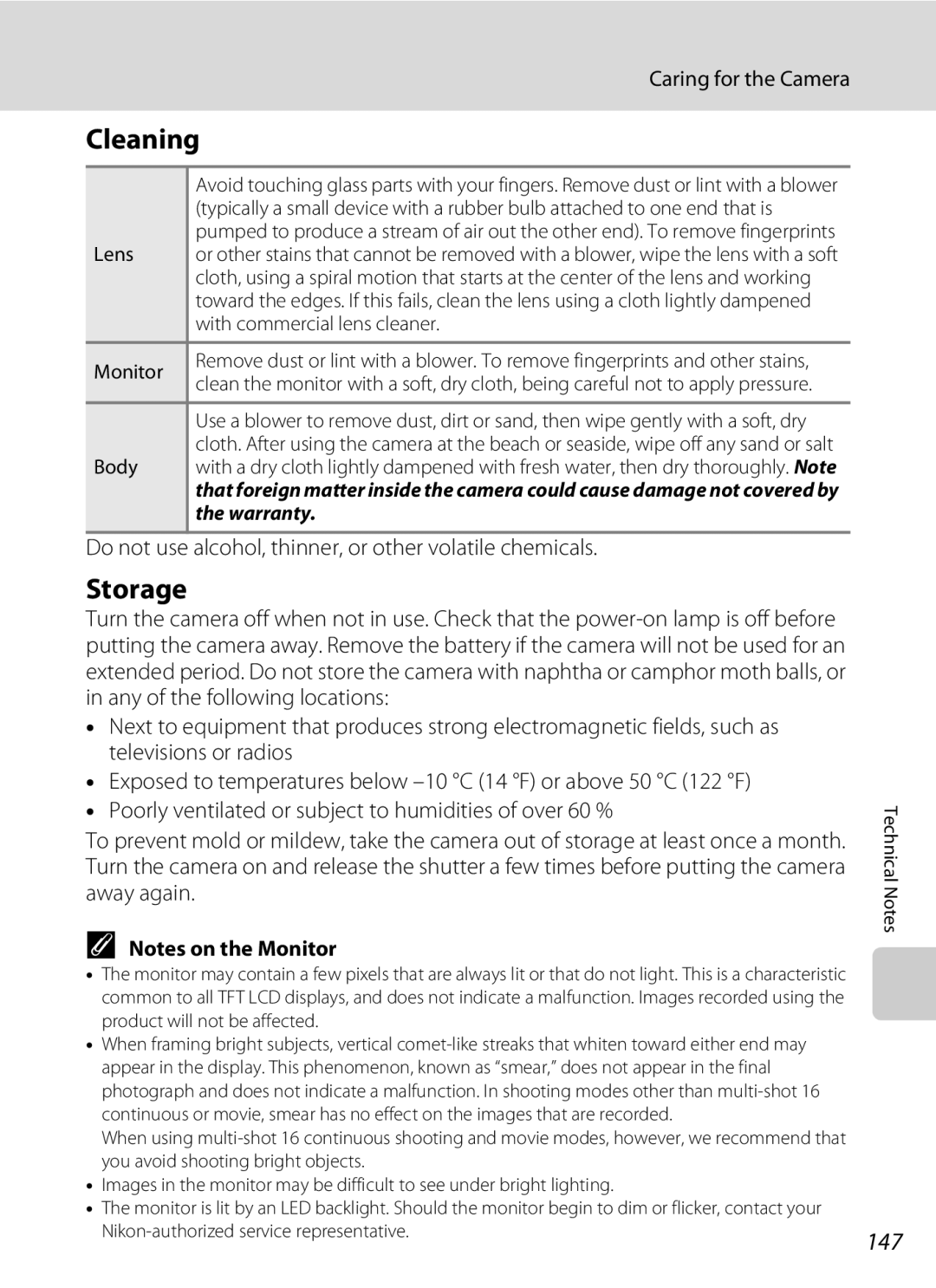 Nikon S230 user manual Cleaning, Storage, 147, Do not use alcohol, thinner, or other volatile chemicals 