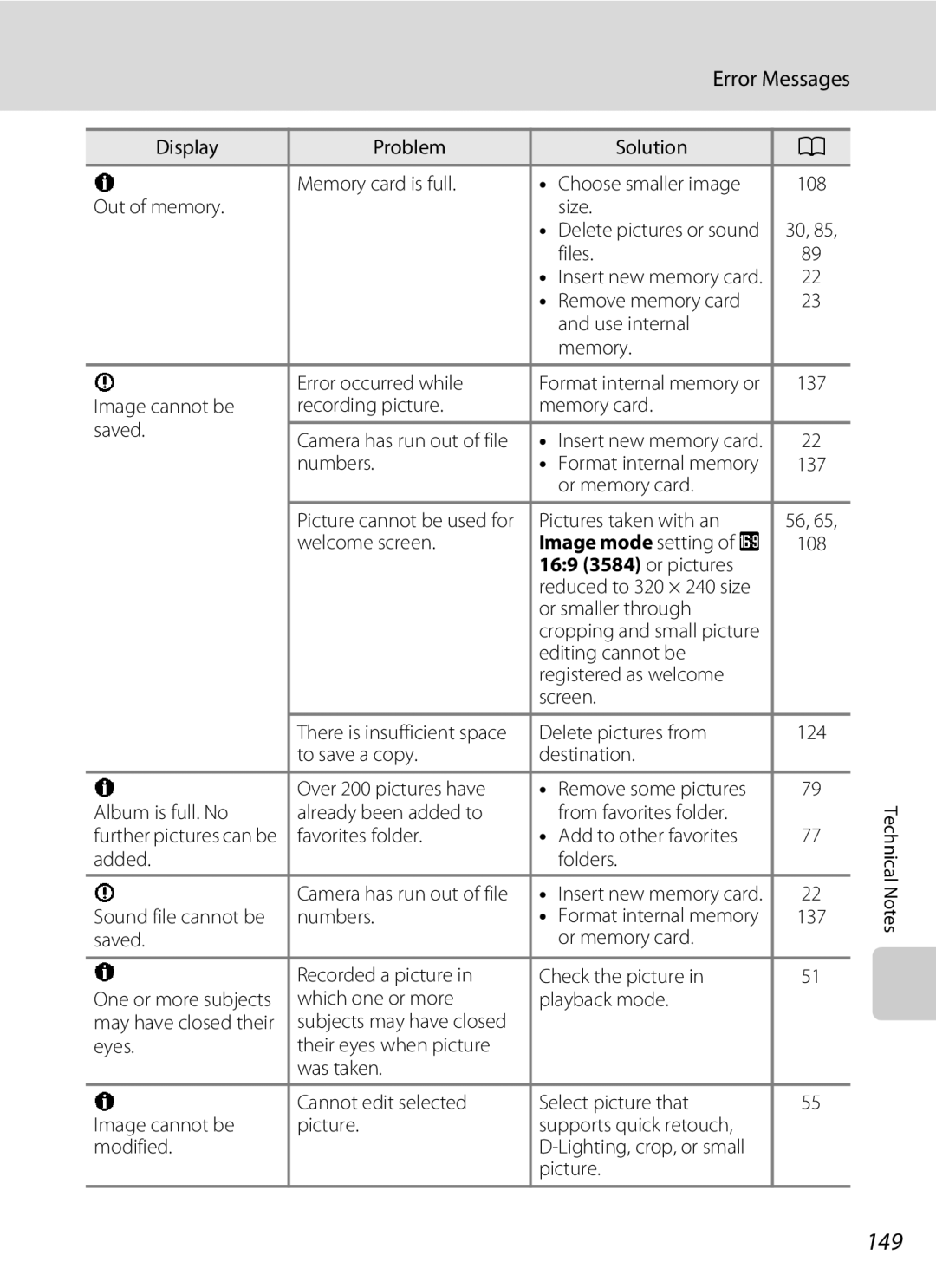 Nikon S230 user manual 149, Error Messages, 169 3584 or pictures 