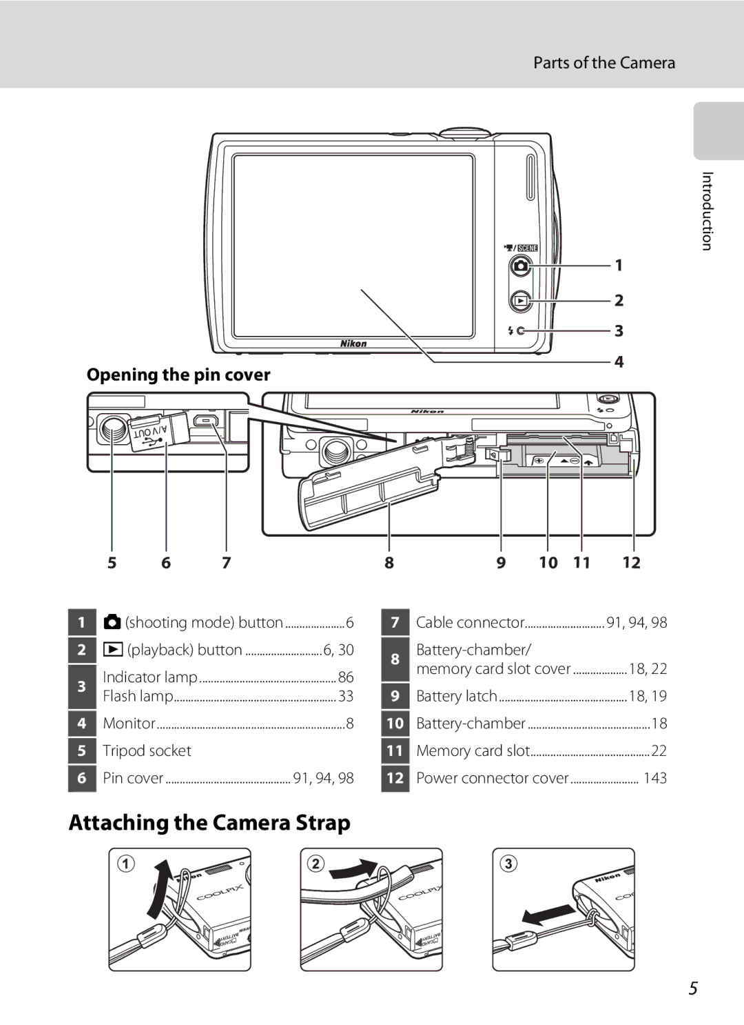 Nikon S230 user manual Attaching the Camera Strap, Parts of the Camera, Opening the pin cover, Tripod socket 