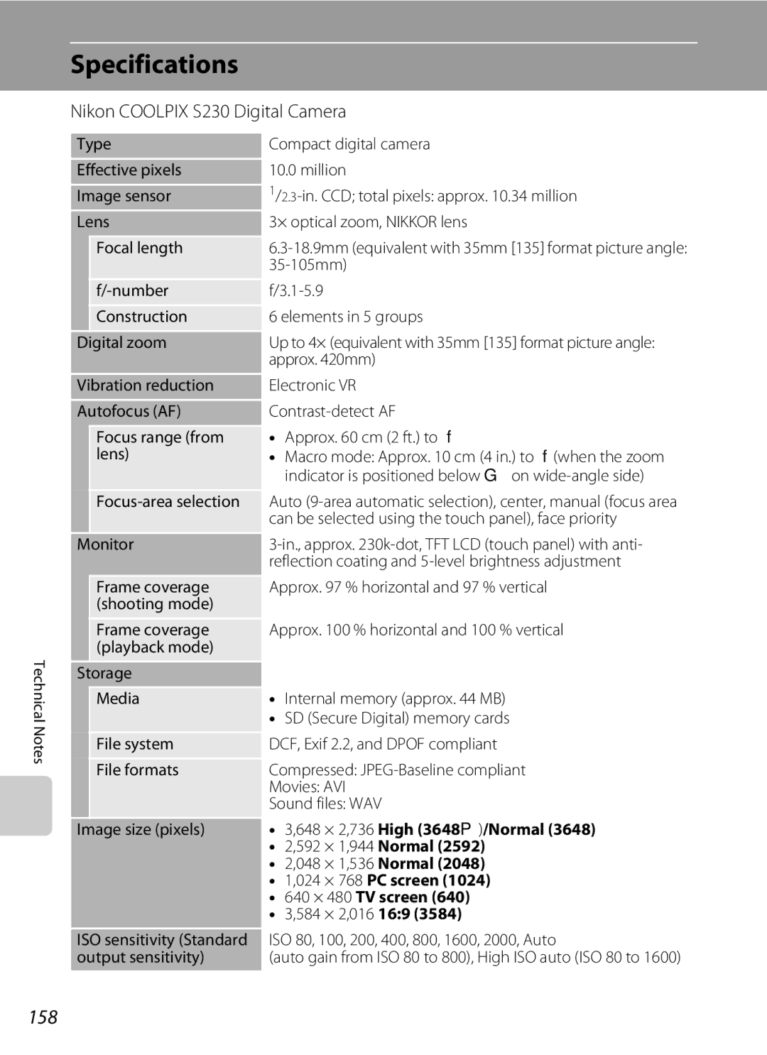 Nikon user manual Specifications, 158, Nikon Coolpix S230 Digital Camera 