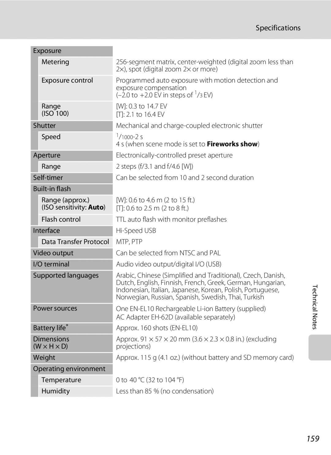 Nikon S230 159, Specifications, Exposure Metering, Power sources, One EN-EL10 Rechargeable Li-ion Battery supplied 